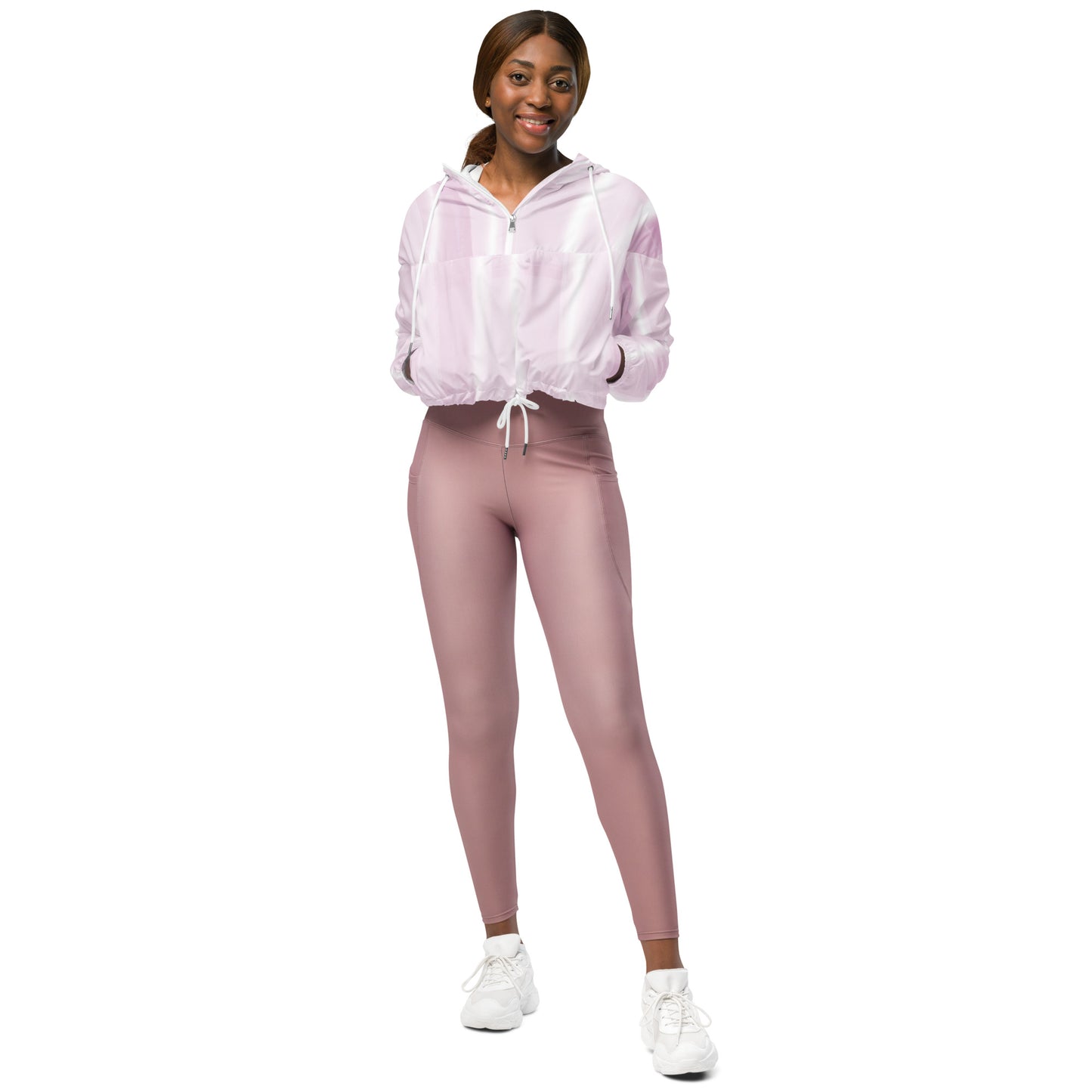 Baby Pink & White Cropped Windbreaker Hoodie – Women's Water-Resistant Jacket