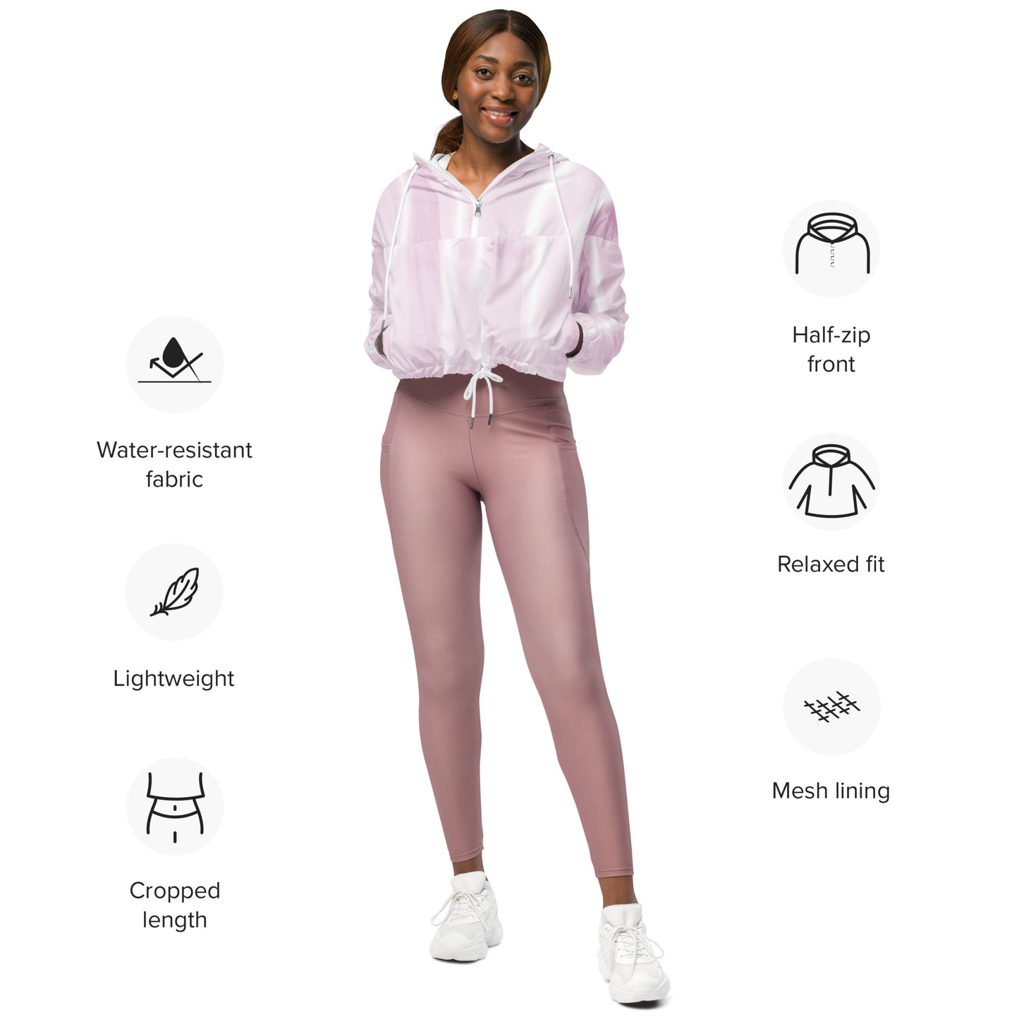 Baby Pink & White Cropped Windbreaker Hoodie – Women's Water-Resistant Jacket