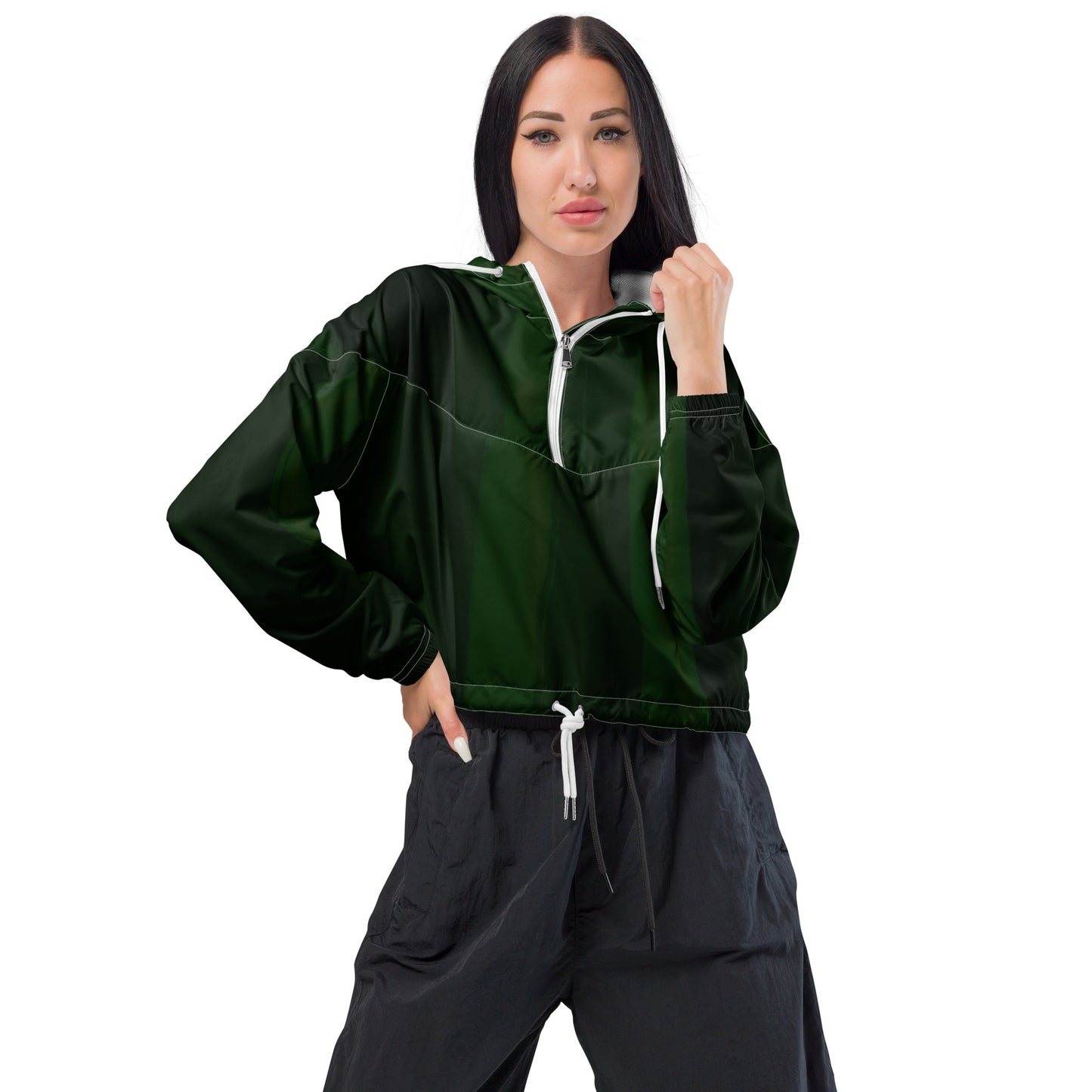 Green Cropped Windbreaker Hoodie – Women's Water-Resistant Athletic Jacket