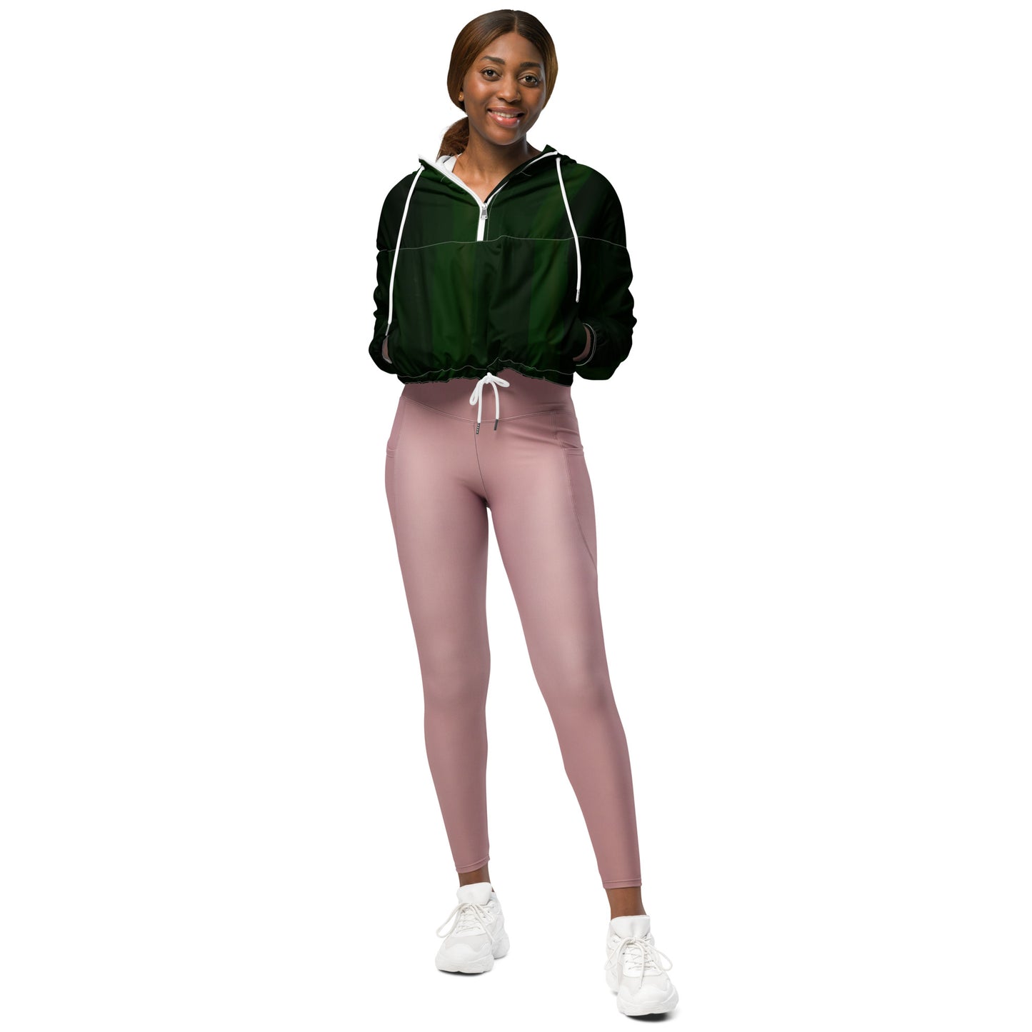 Green Cropped Windbreaker Hoodie – Women's Water-Resistant Athletic Jacket