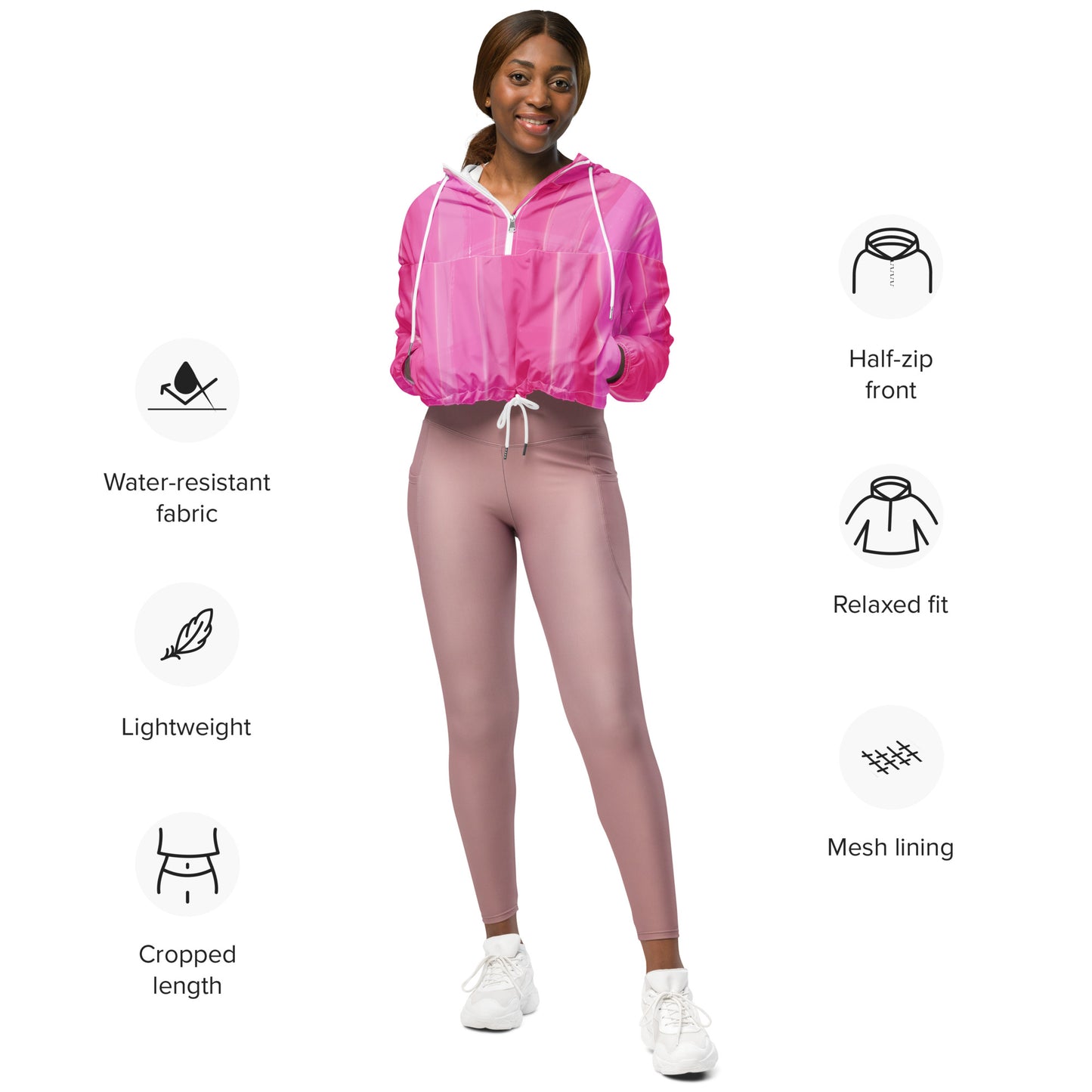 Pink Cropped Windbreaker Hoodie – Women's Water-Resistant Outdoor Jacket