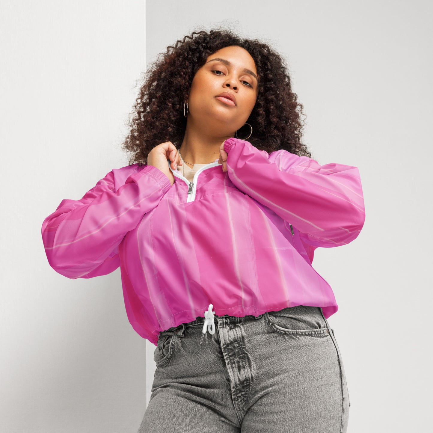 Pink Cropped Windbreaker Hoodie – Women's Water-Resistant Outdoor Jacket