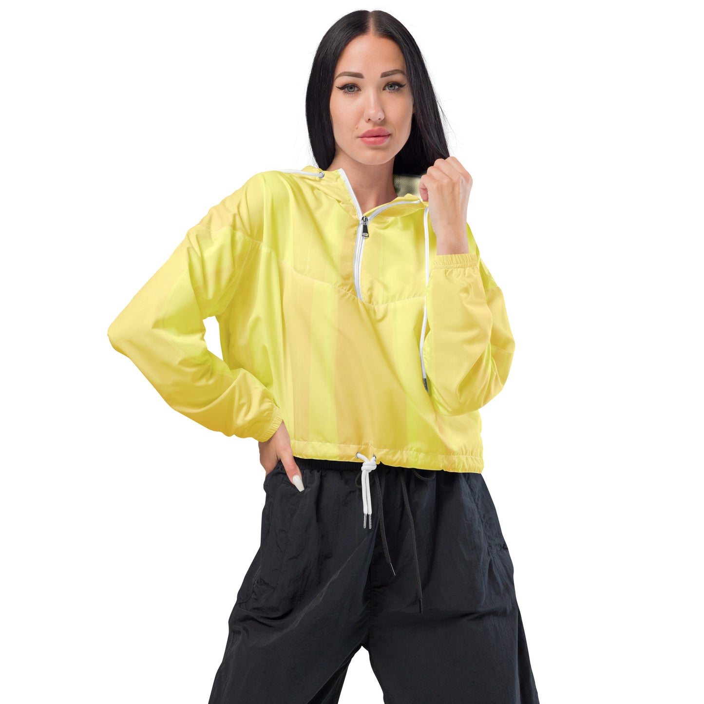 Lemon Yellow Cropped Windbreaker Hoodie – Women's Water-Resistant Athletic Jacket