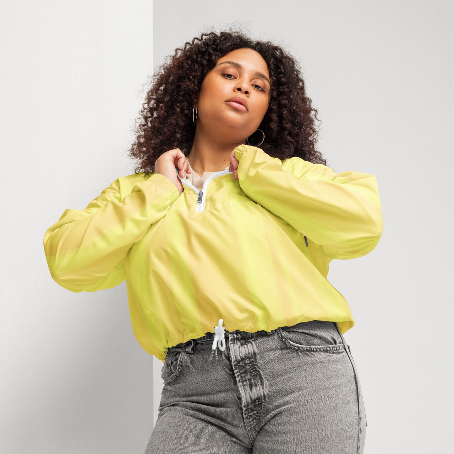 Lemon Yellow Cropped Windbreaker Hoodie – Women's Water-Resistant Athletic Jacket