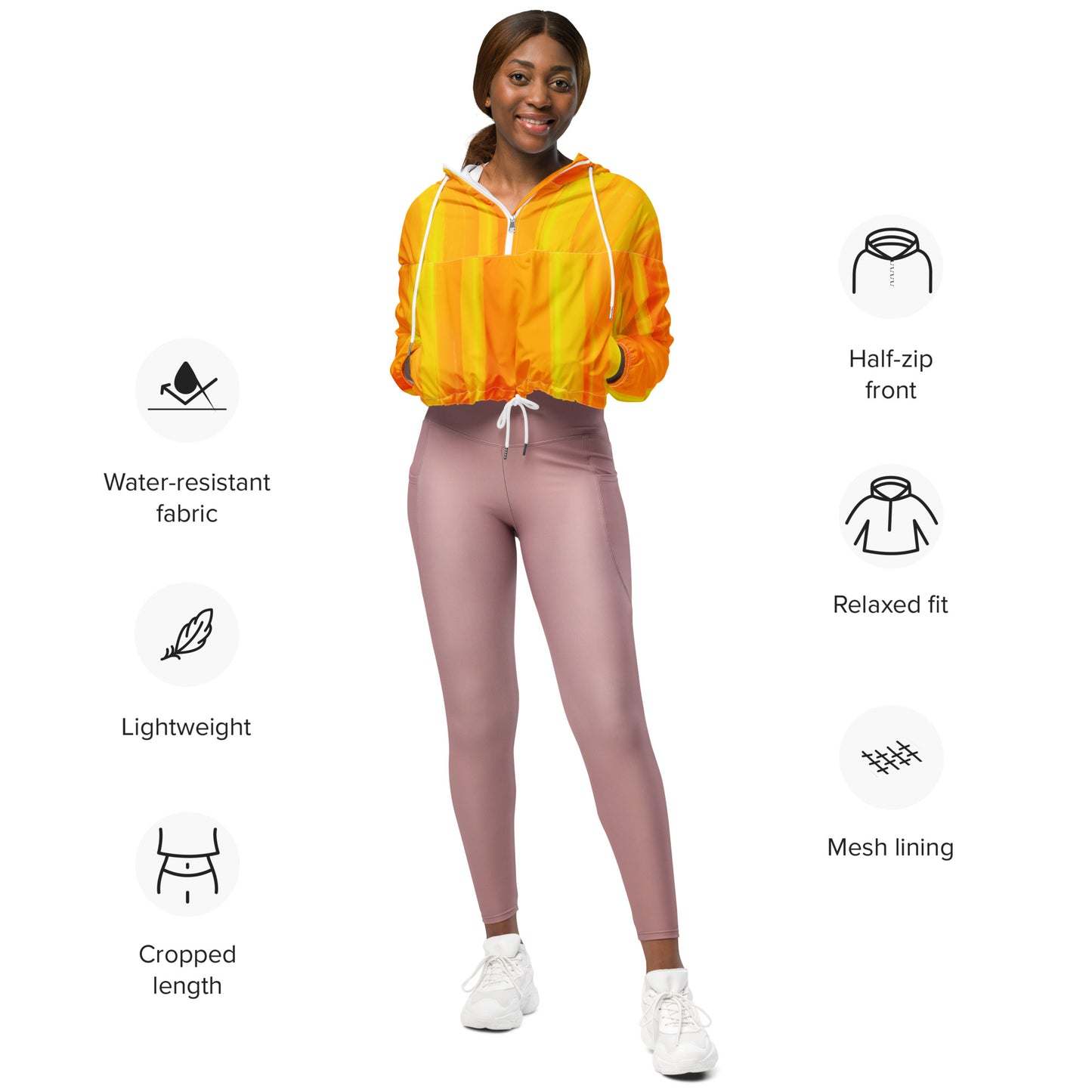 Sunshine Yellow Cropped Windbreaker Hoodie – Women's Water-Resistant Athletic Jacket