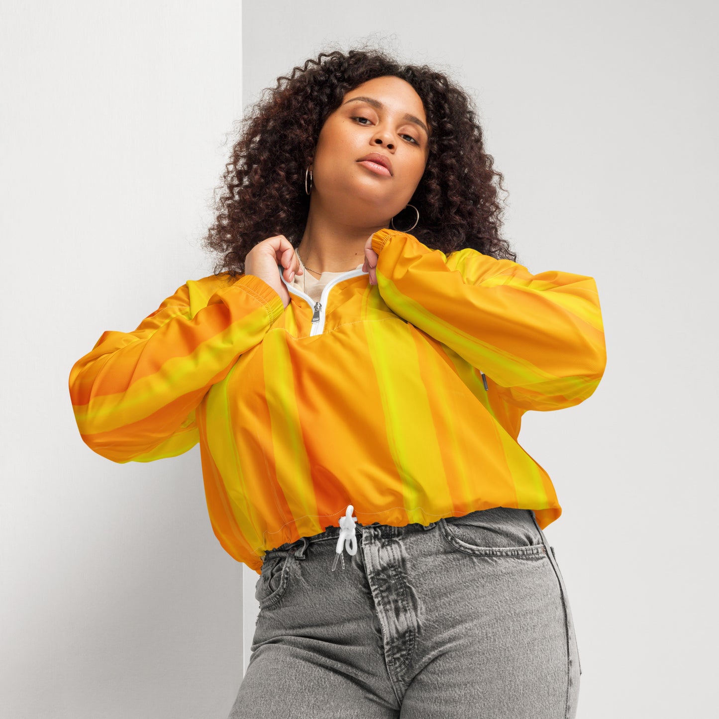 Sunshine Yellow Cropped Windbreaker Hoodie – Women's Water-Resistant Athletic Jacket