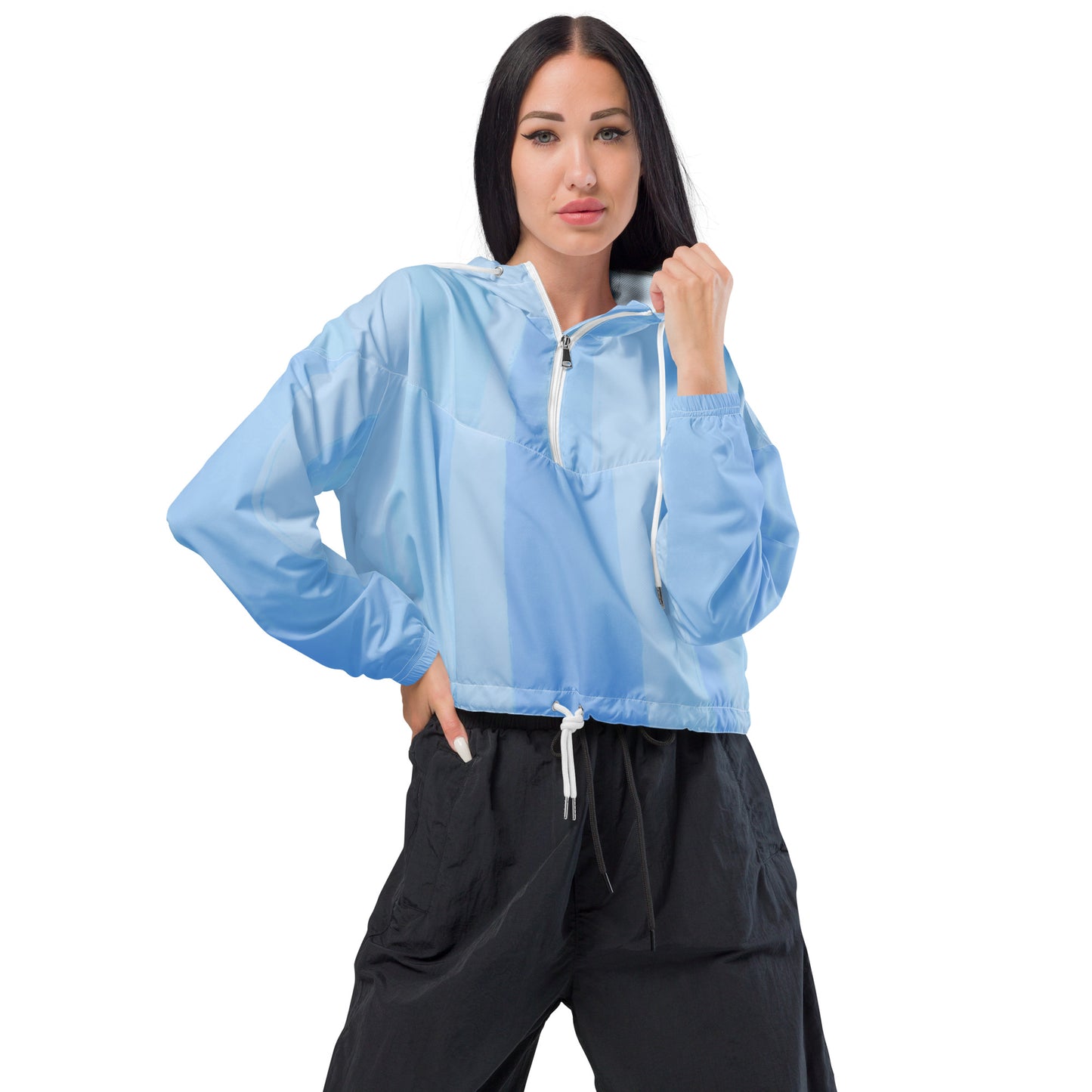 Light Blue Cropped Windbreaker Hoodie – Women's Water-Resistant Athletic Jacket