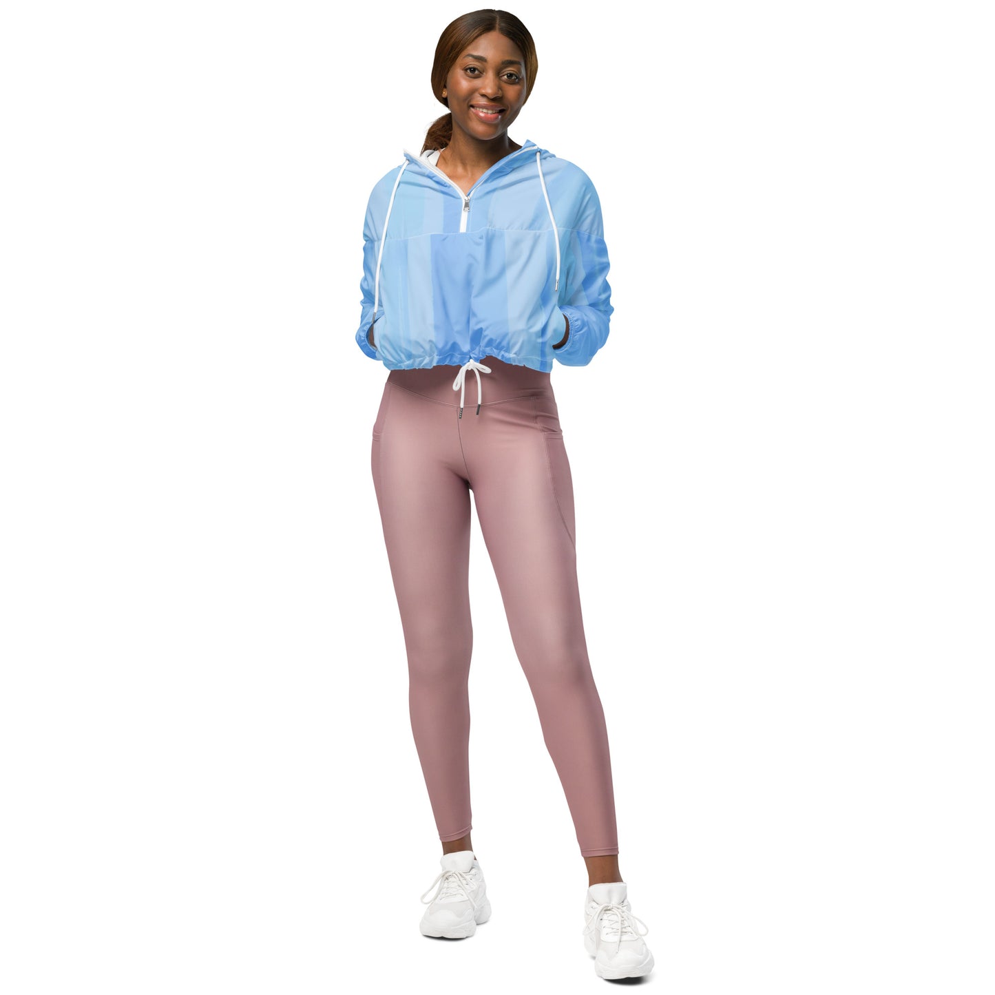 Light Blue Cropped Windbreaker Hoodie – Women's Water-Resistant Athletic Jacket