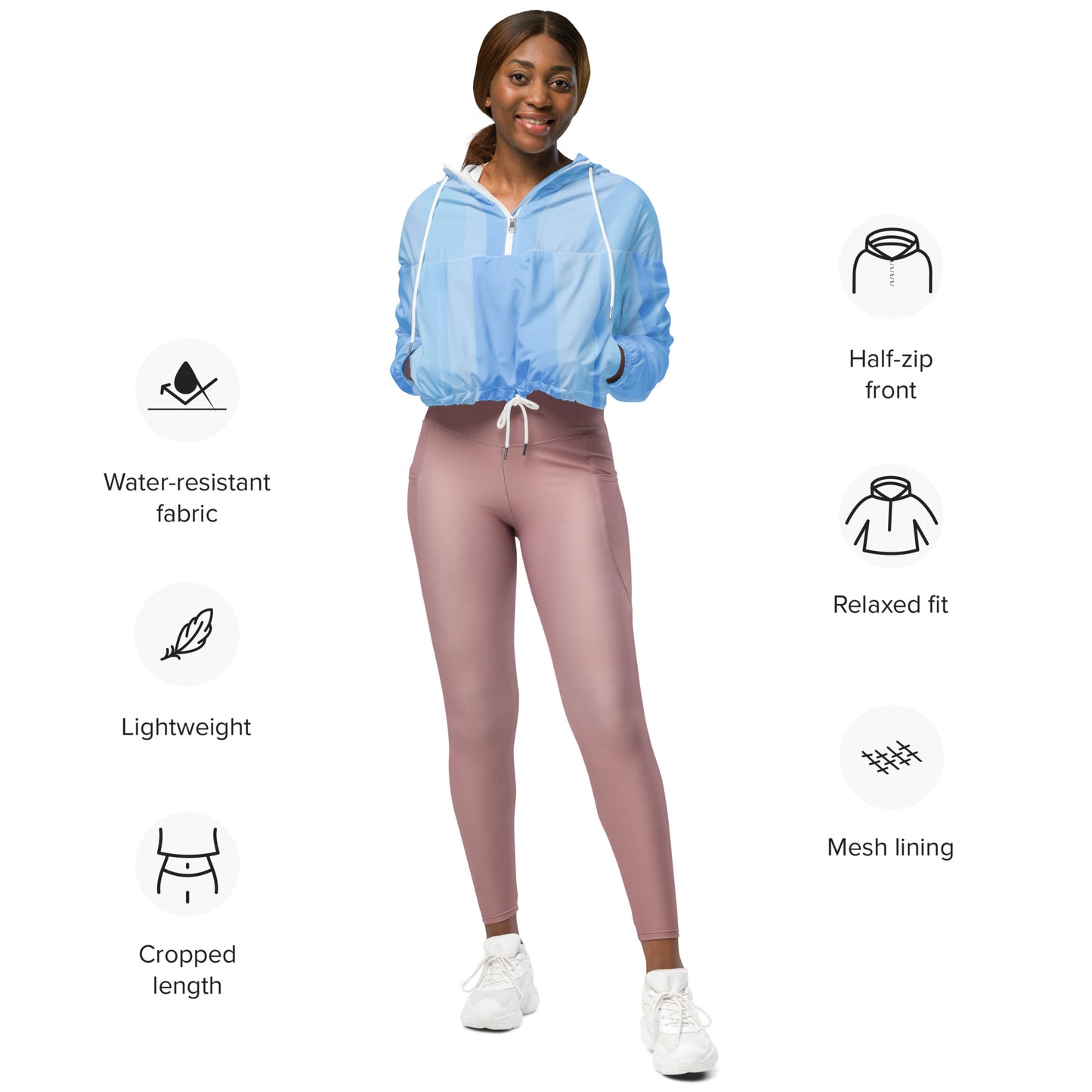 Light Blue Cropped Windbreaker Hoodie – Women's Water-Resistant Athletic Jacket