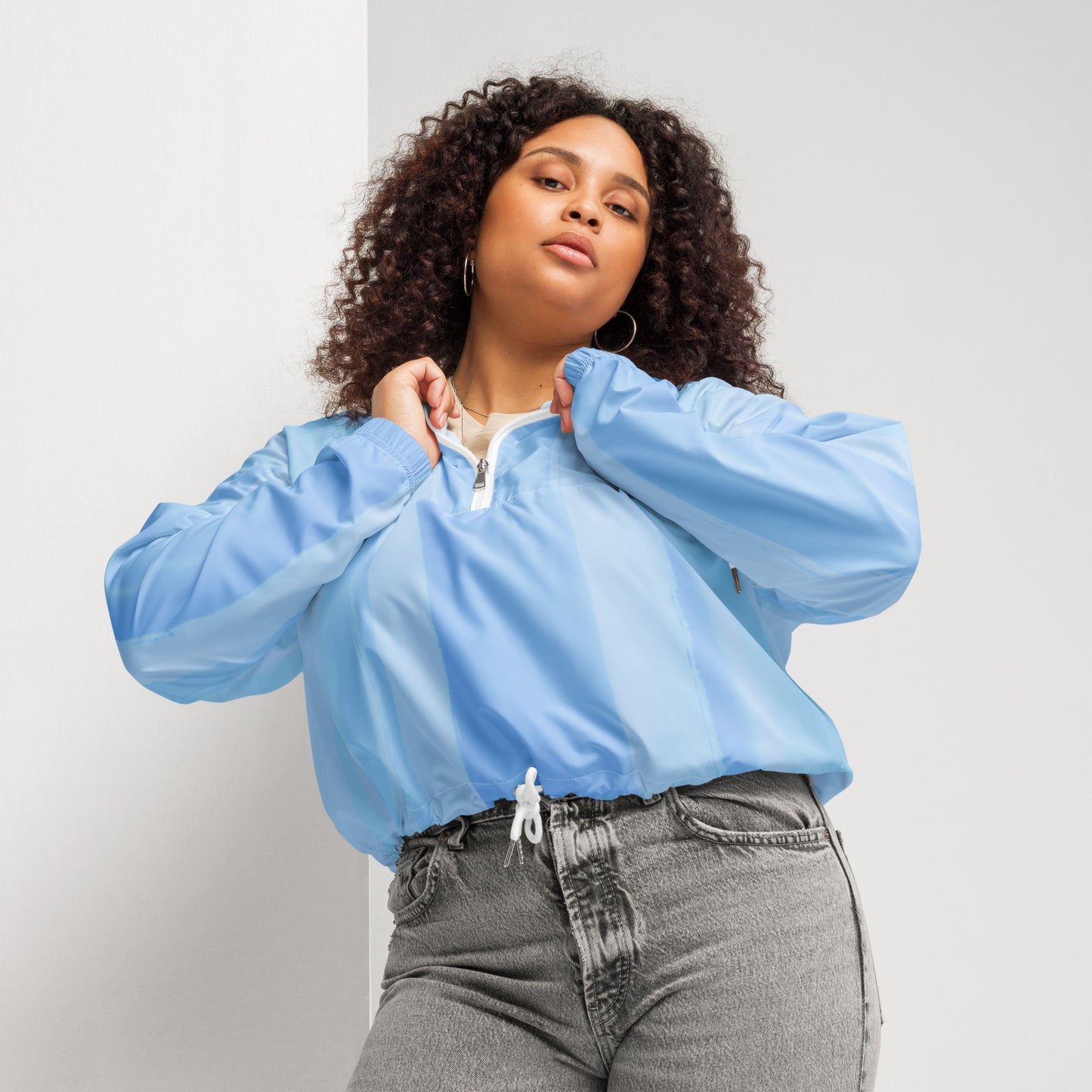 Light Blue Cropped Windbreaker Hoodie – Women's Water-Resistant Athletic Jacket
