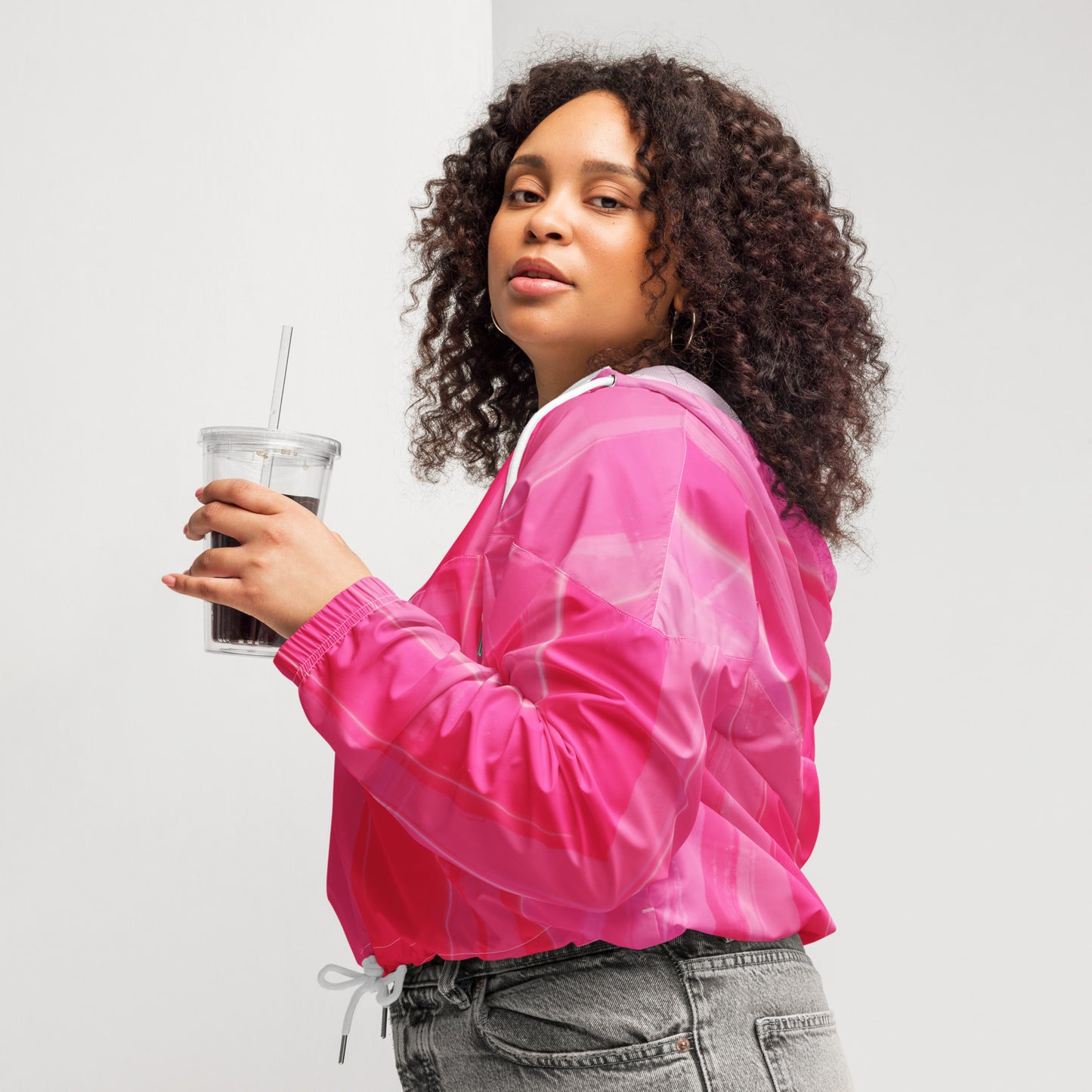 Hot Pink Cropped Windbreaker Hoodie – Women's Water-Resistant Athletic Jacket
