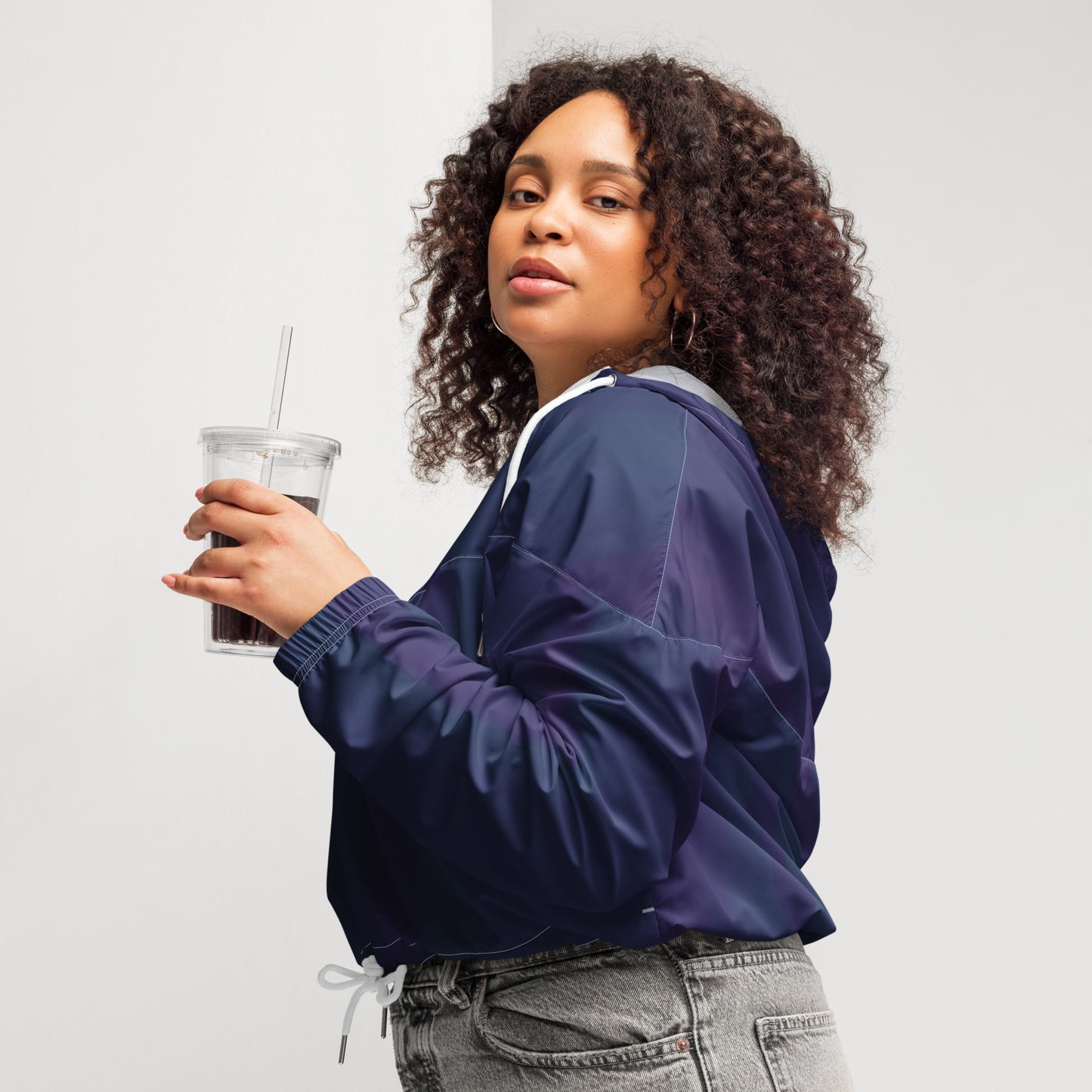 Purple Cropped Windbreaker Hoodie – Women's Water-Resistant Athletic Jacket