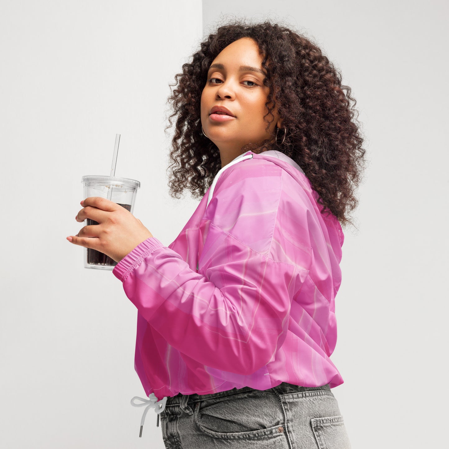 Pink Cropped Windbreaker Hoodie – Women's Water-Resistant Outdoor Jacket