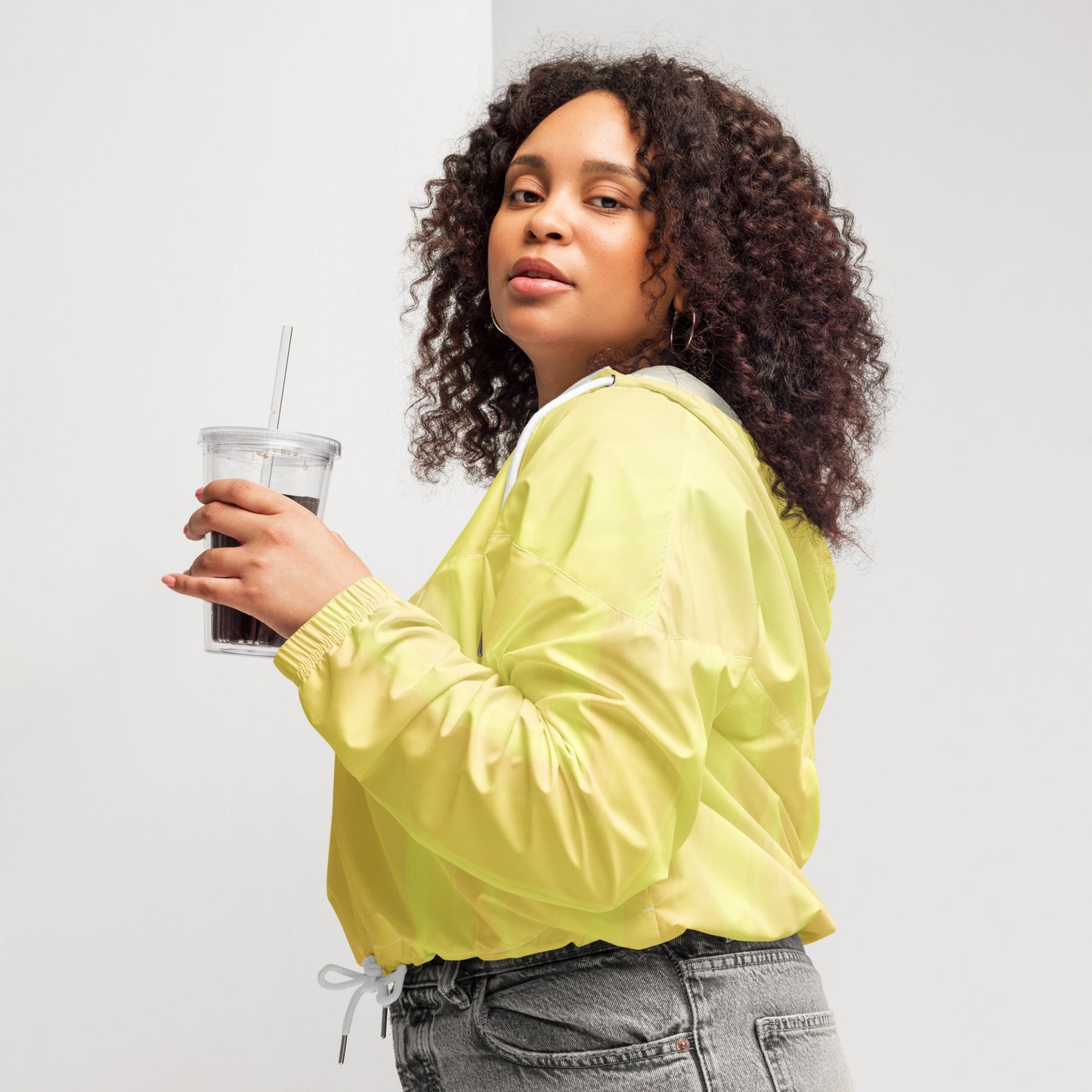 Lemon Yellow Cropped Windbreaker Hoodie – Women's Water-Resistant Athletic Jacket