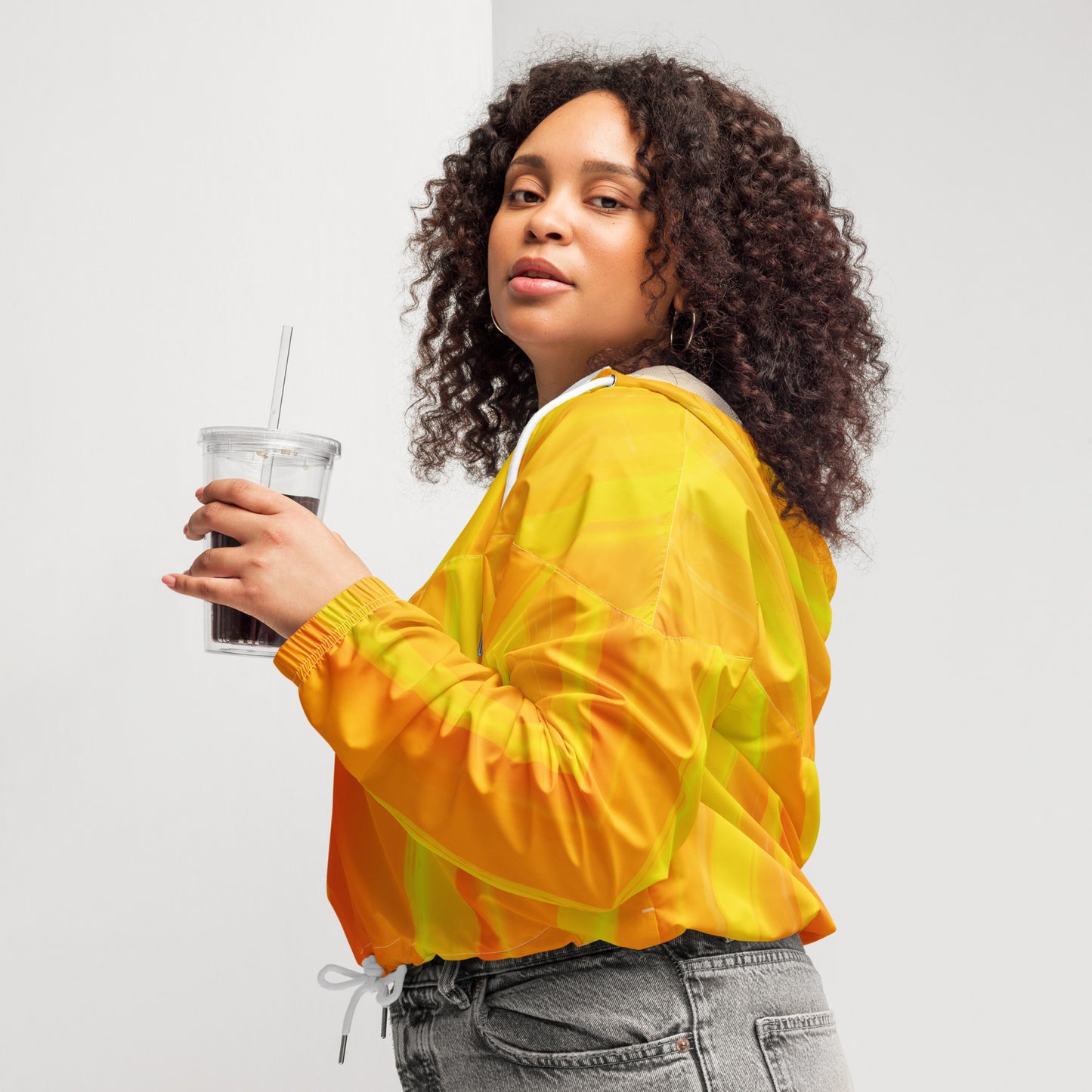 Sunshine Yellow Cropped Windbreaker Hoodie – Women's Water-Resistant Athletic Jacket