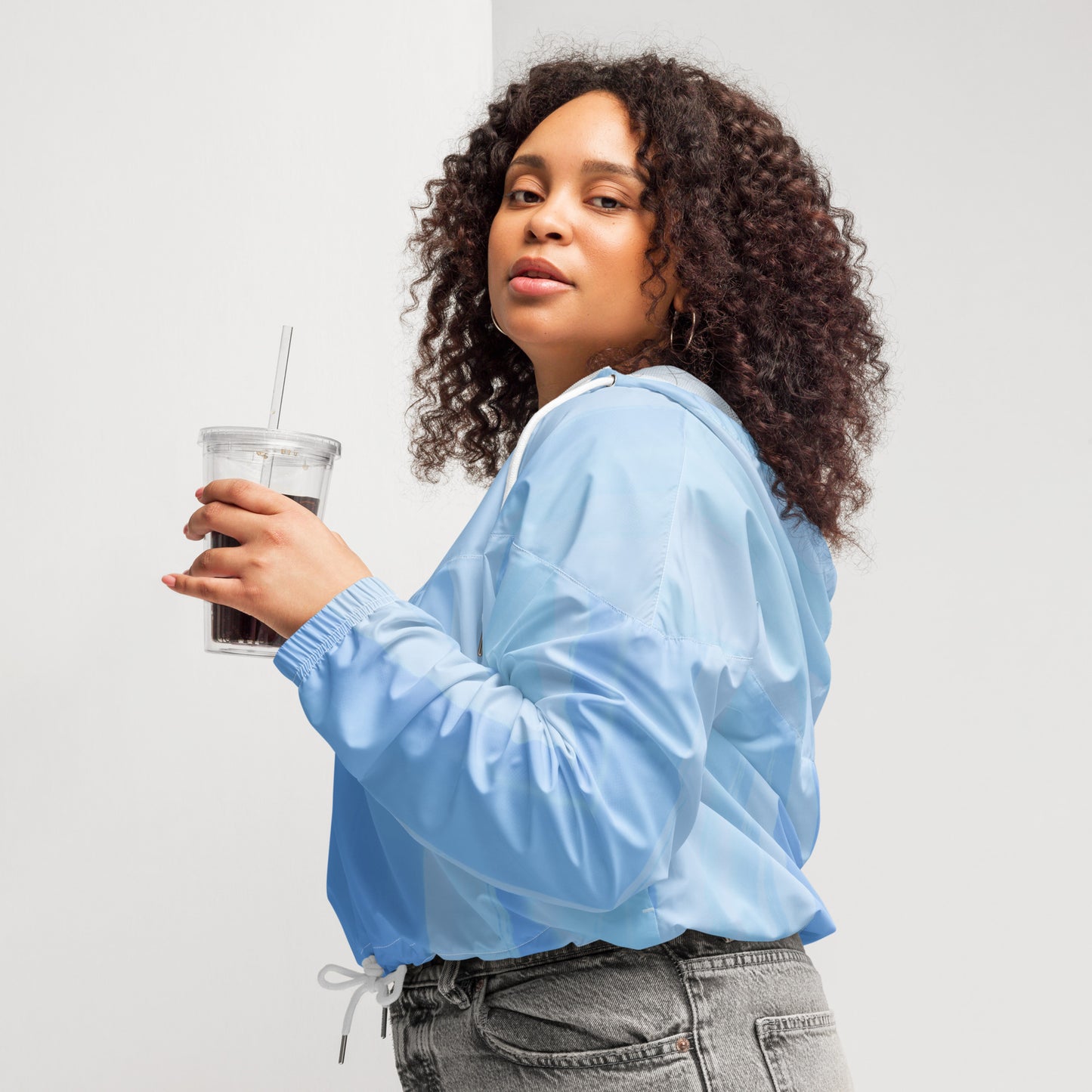 Light Blue Cropped Windbreaker Hoodie – Women's Water-Resistant Athletic Jacket
