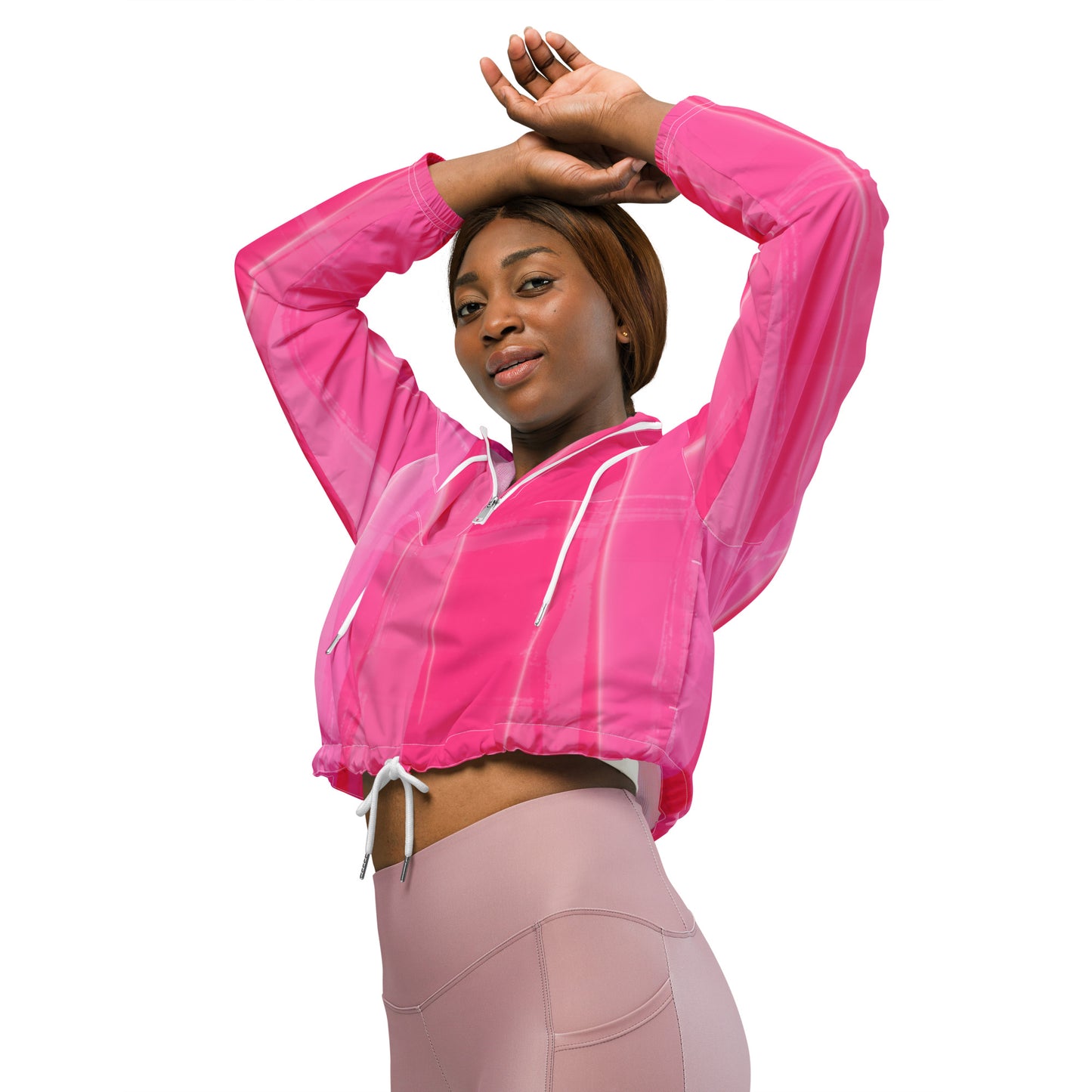 Hot Pink Cropped Windbreaker Hoodie – Women's Water-Resistant Athletic Jacket