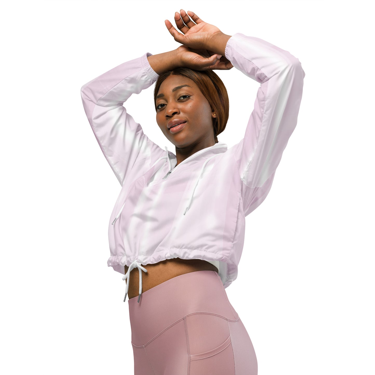 Baby Pink & White Cropped Windbreaker Hoodie – Women's Water-Resistant Jacket