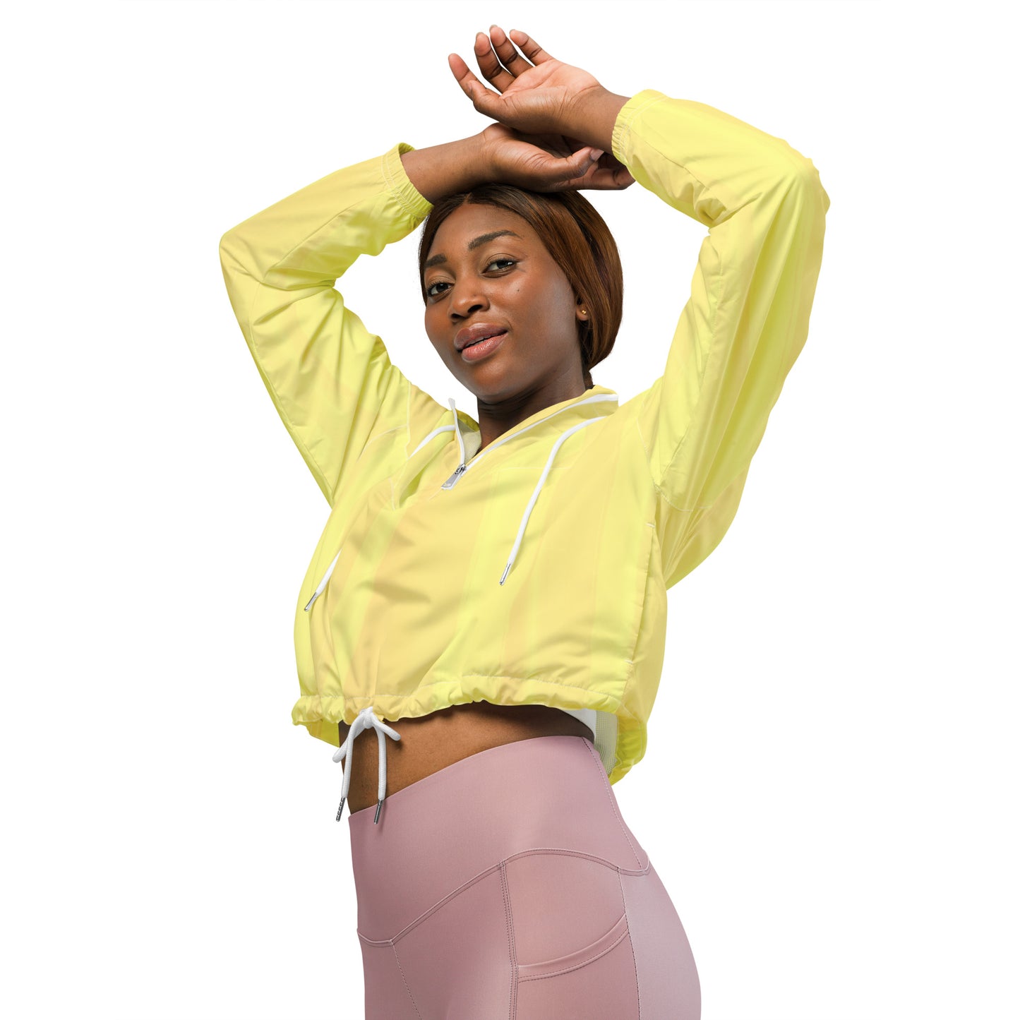 Lemon Yellow Cropped Windbreaker Hoodie – Women's Water-Resistant Athletic Jacket