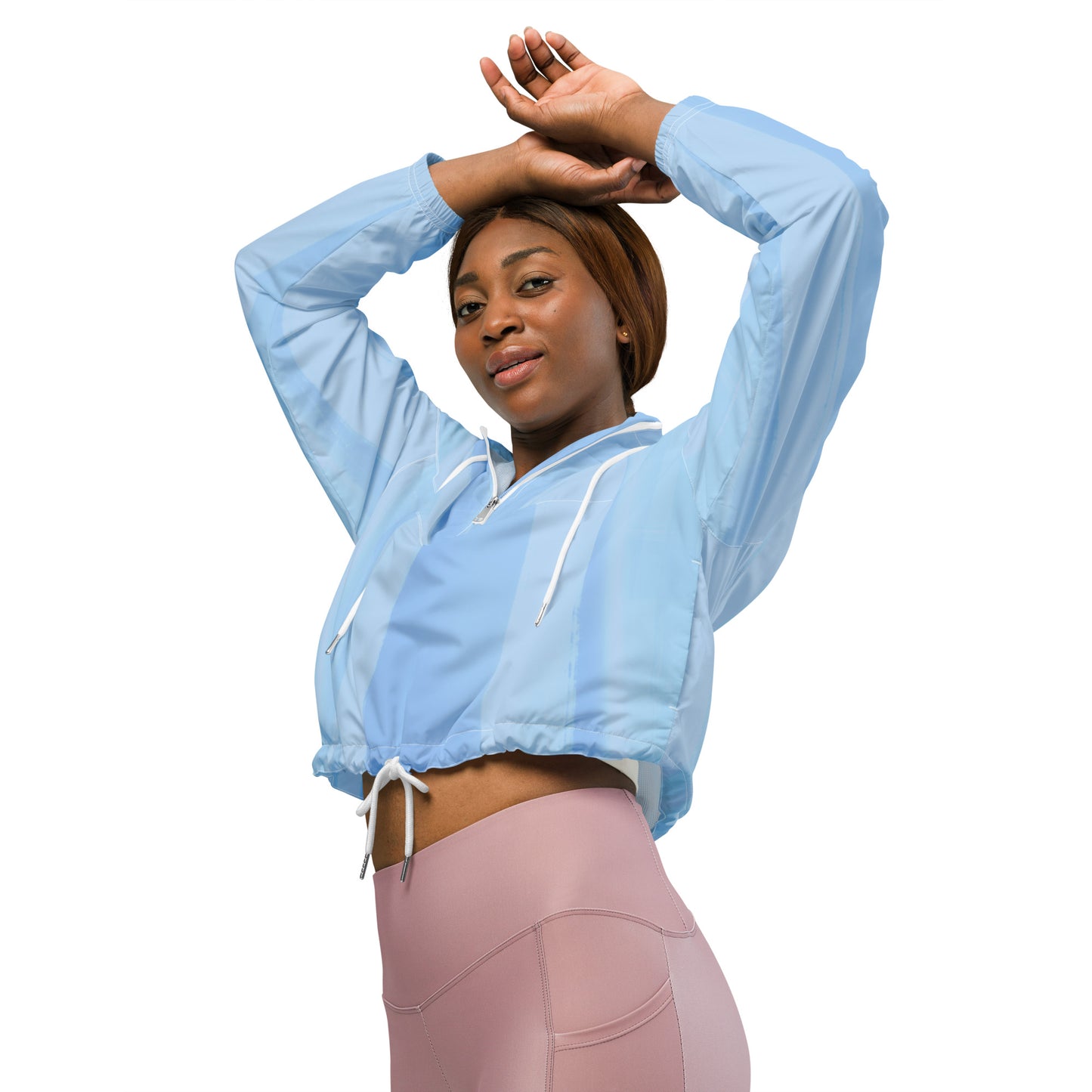 Light Blue Cropped Windbreaker Hoodie – Women's Water-Resistant Athletic Jacket
