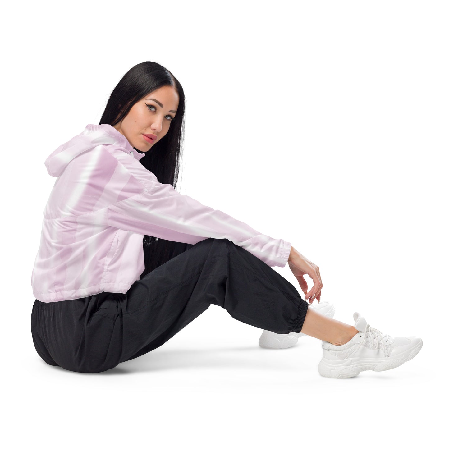Baby Pink & White Cropped Windbreaker Hoodie – Women's Water-Resistant Jacket