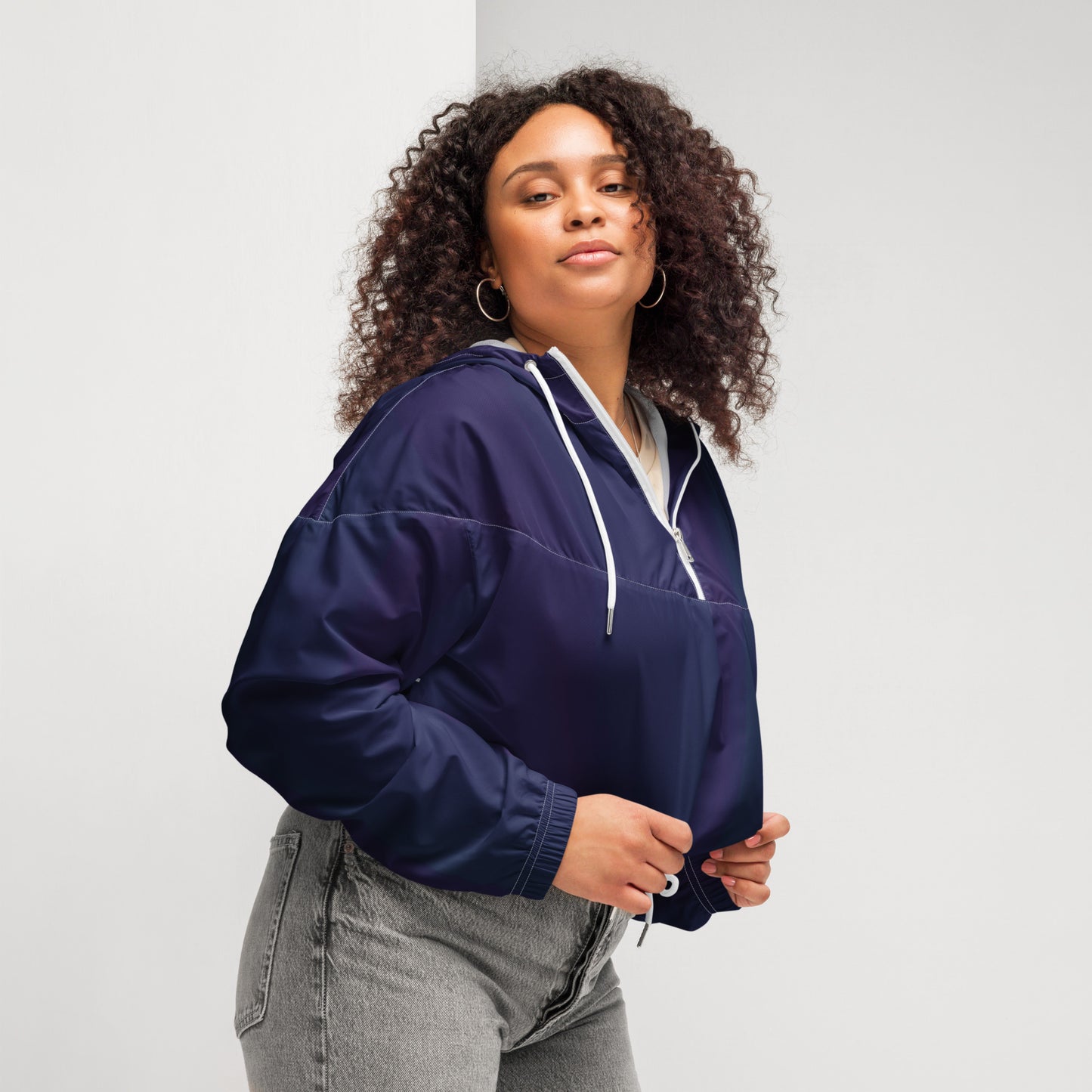 Purple Cropped Windbreaker Hoodie – Women's Water-Resistant Athletic Jacket