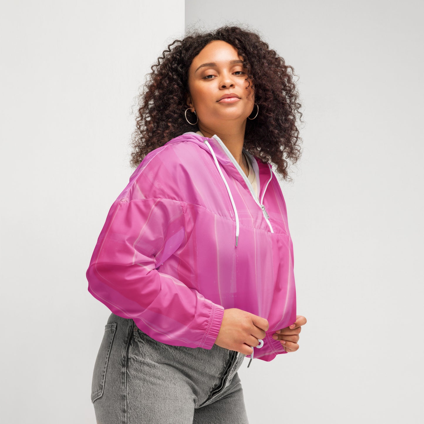 Pink Cropped Windbreaker Hoodie – Women's Water-Resistant Outdoor Jacket