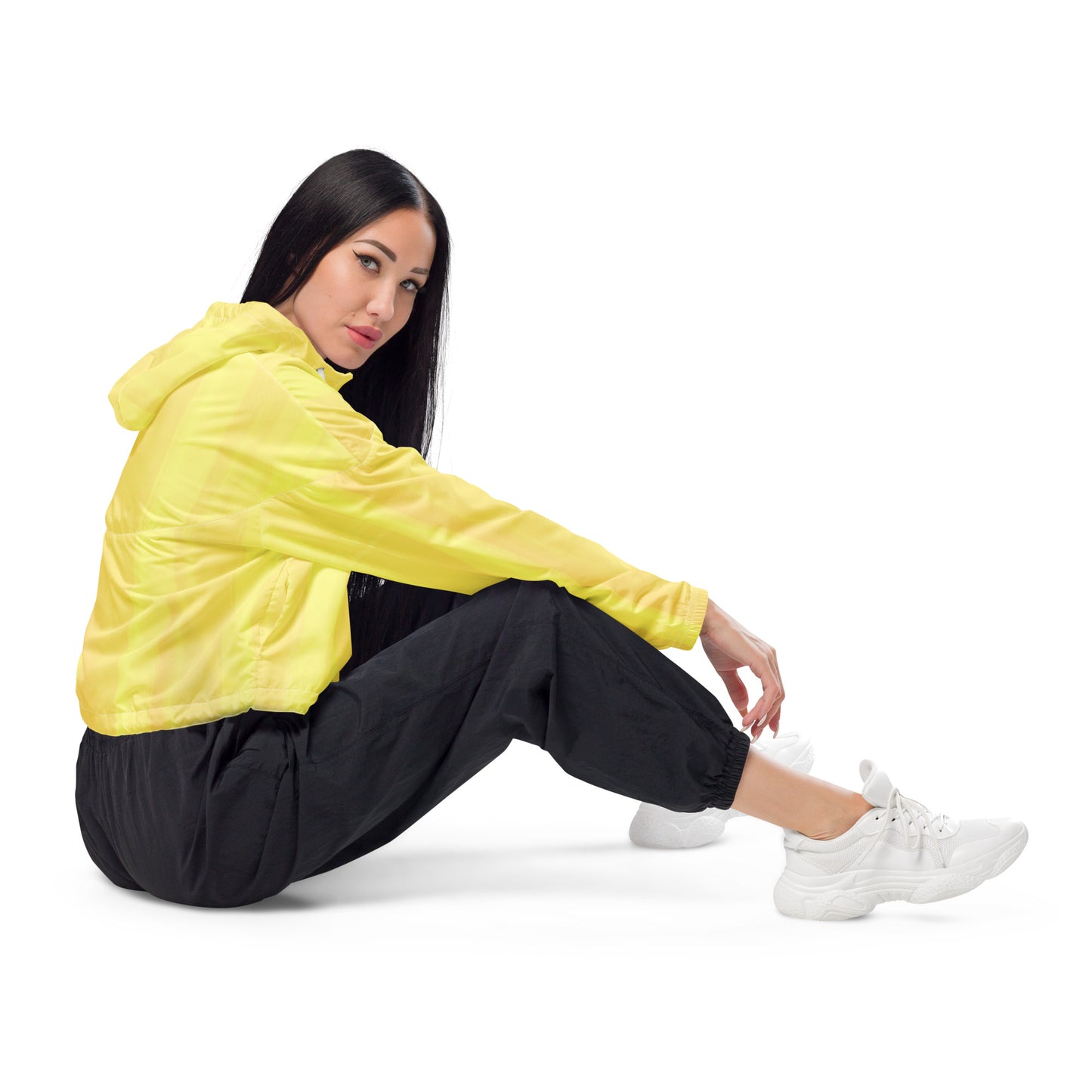 Lemon Yellow Cropped Windbreaker Hoodie – Women's Water-Resistant Athletic Jacket