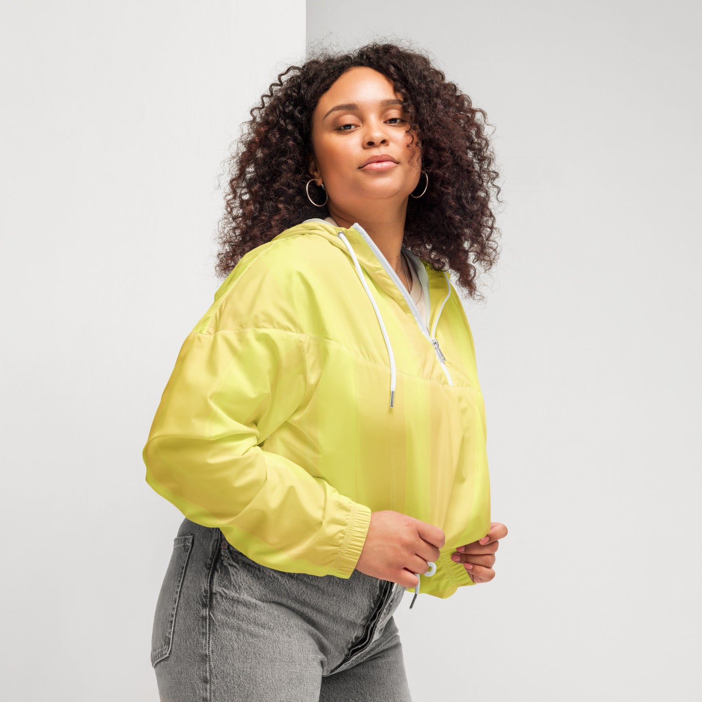 Lemon Yellow Cropped Windbreaker Hoodie – Women's Water-Resistant Athletic Jacket