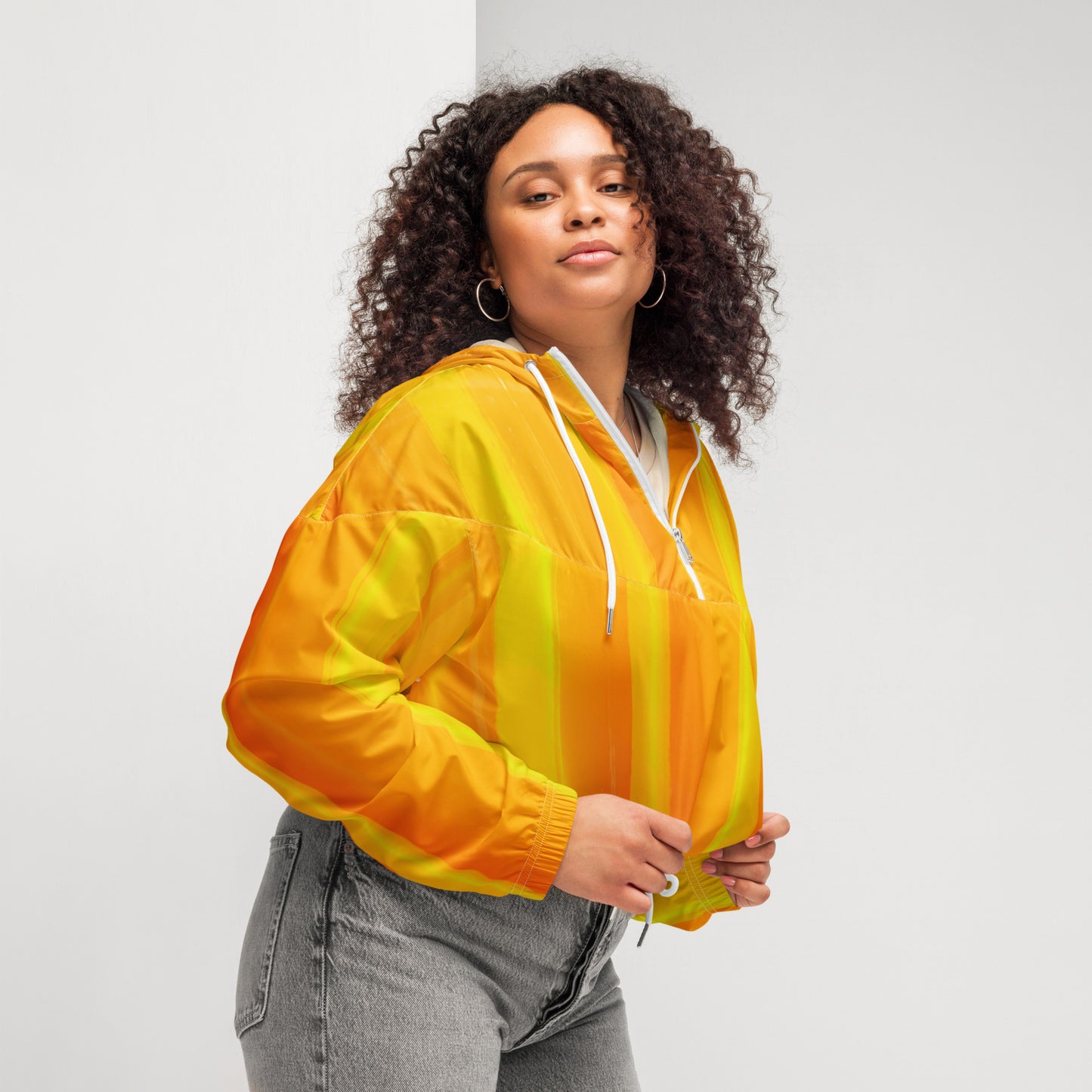 Sunshine Yellow Cropped Windbreaker Hoodie – Women's Water-Resistant Athletic Jacket