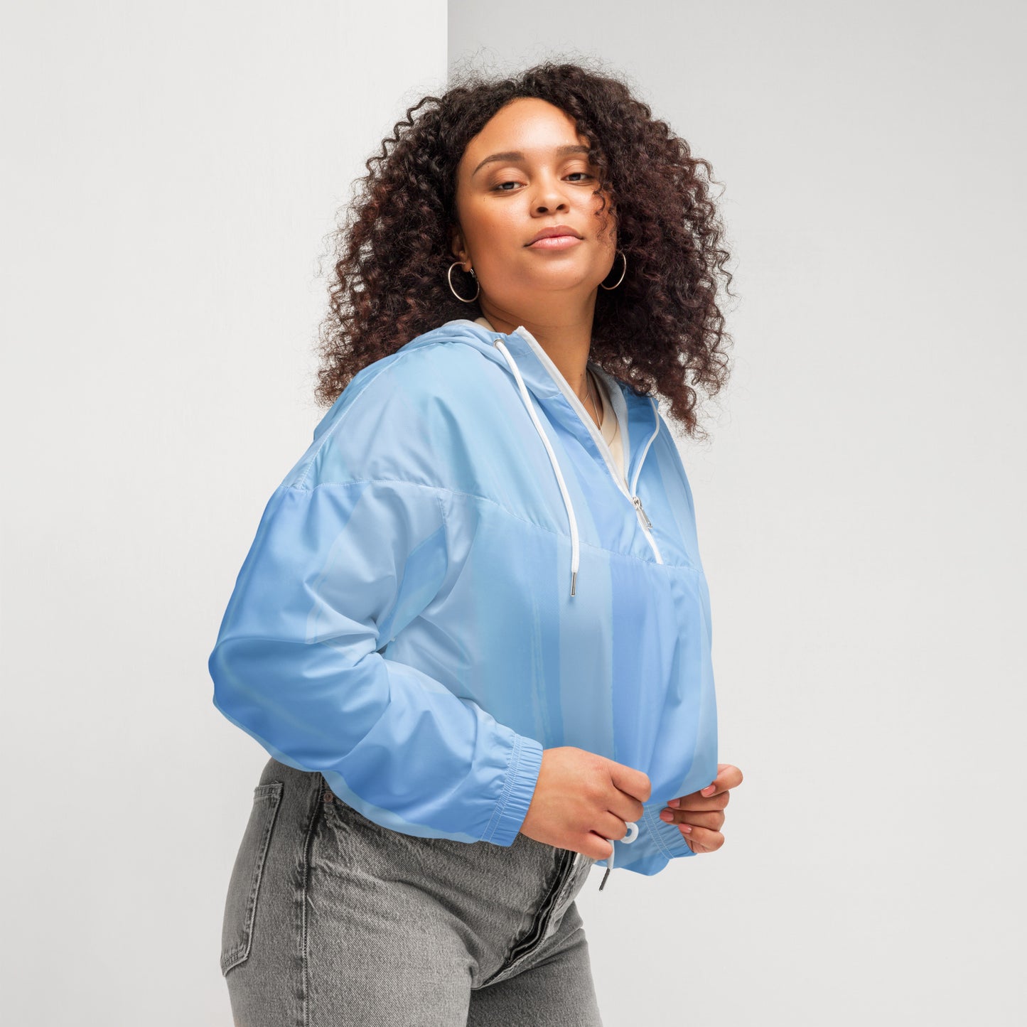 Light Blue Cropped Windbreaker Hoodie – Women's Water-Resistant Athletic Jacket