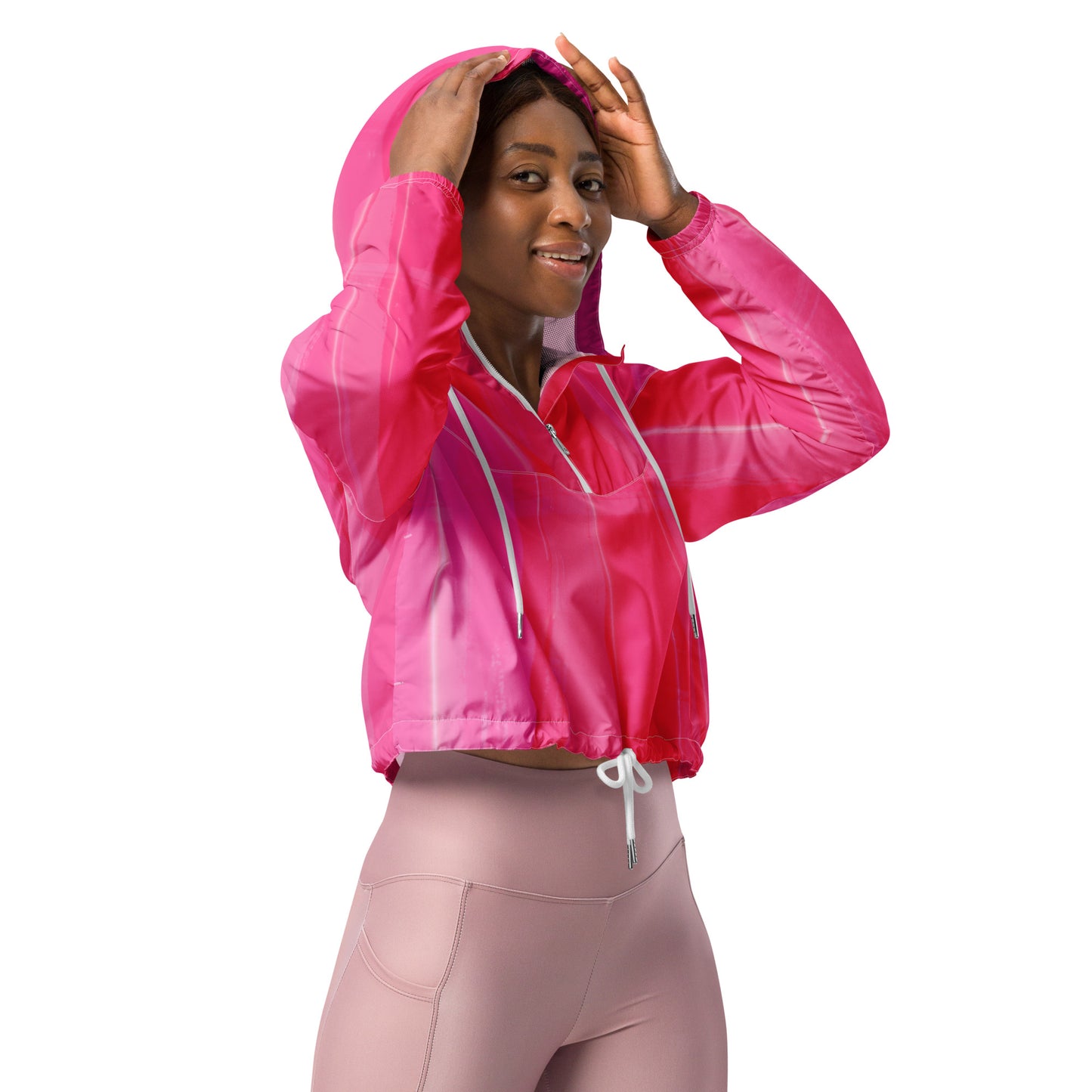 Hot Pink Cropped Windbreaker Hoodie – Women's Water-Resistant Athletic Jacket