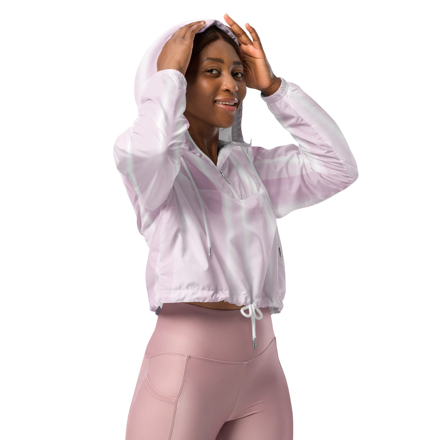 Baby Pink & White Cropped Windbreaker Hoodie – Women's Water-Resistant Jacket