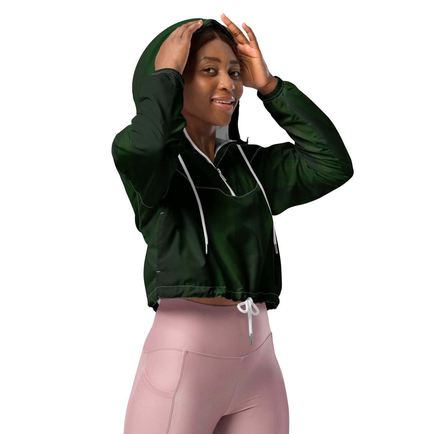 Green Cropped Windbreaker Hoodie – Women's Water-Resistant Athletic Jacket