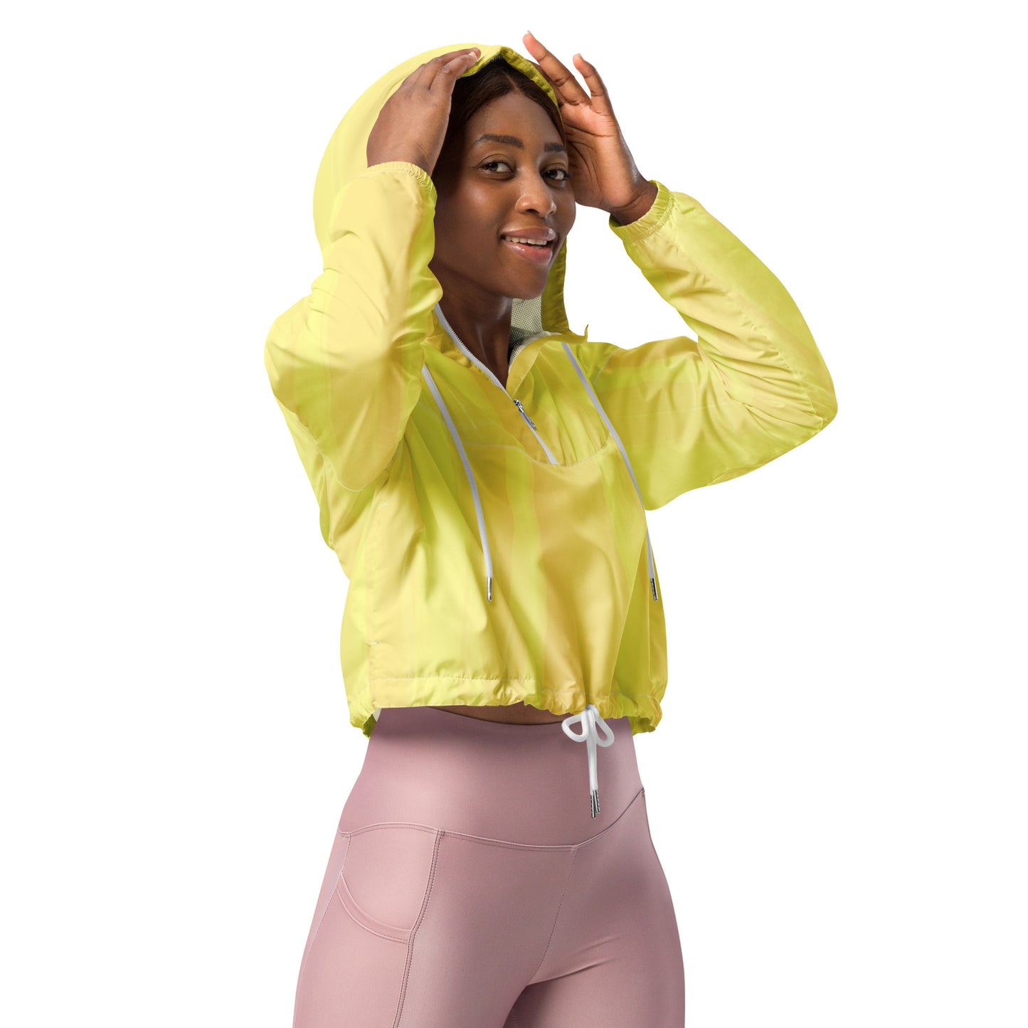 Lemon Yellow Cropped Windbreaker Hoodie – Women's Water-Resistant Athletic Jacket