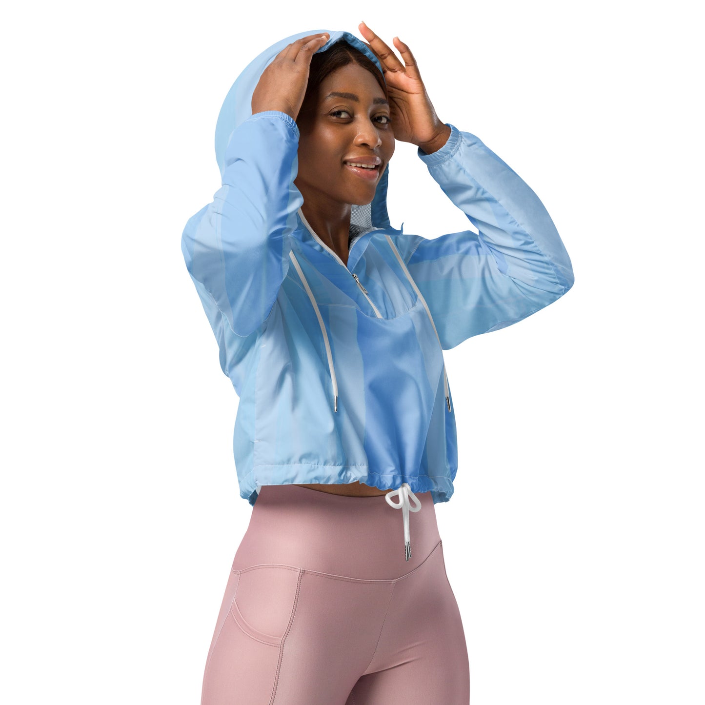 Light Blue Cropped Windbreaker Hoodie – Women's Water-Resistant Athletic Jacket