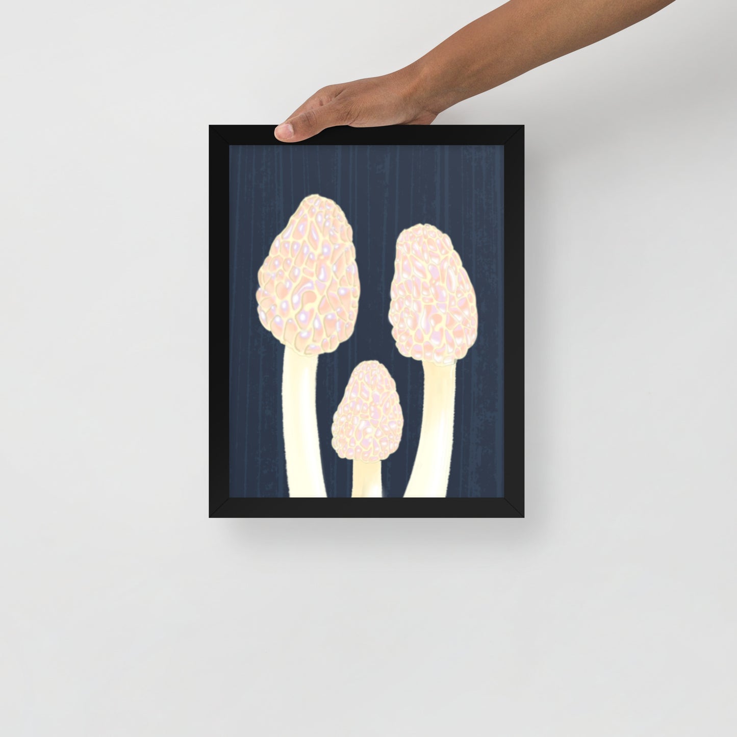 Morel Framed poster - Hand-Painted Morel Mushroom Poster – Pink & Blue Framed Art - Fungi Home Decor