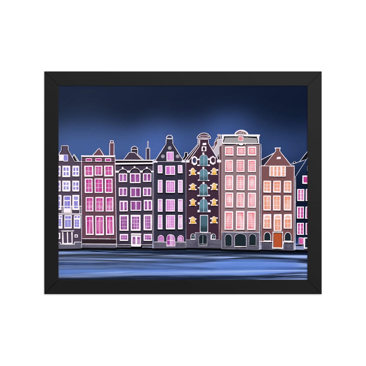 Amsterdam Night Scene - Vibrant Hand-Painted European Architecture Framed Poster