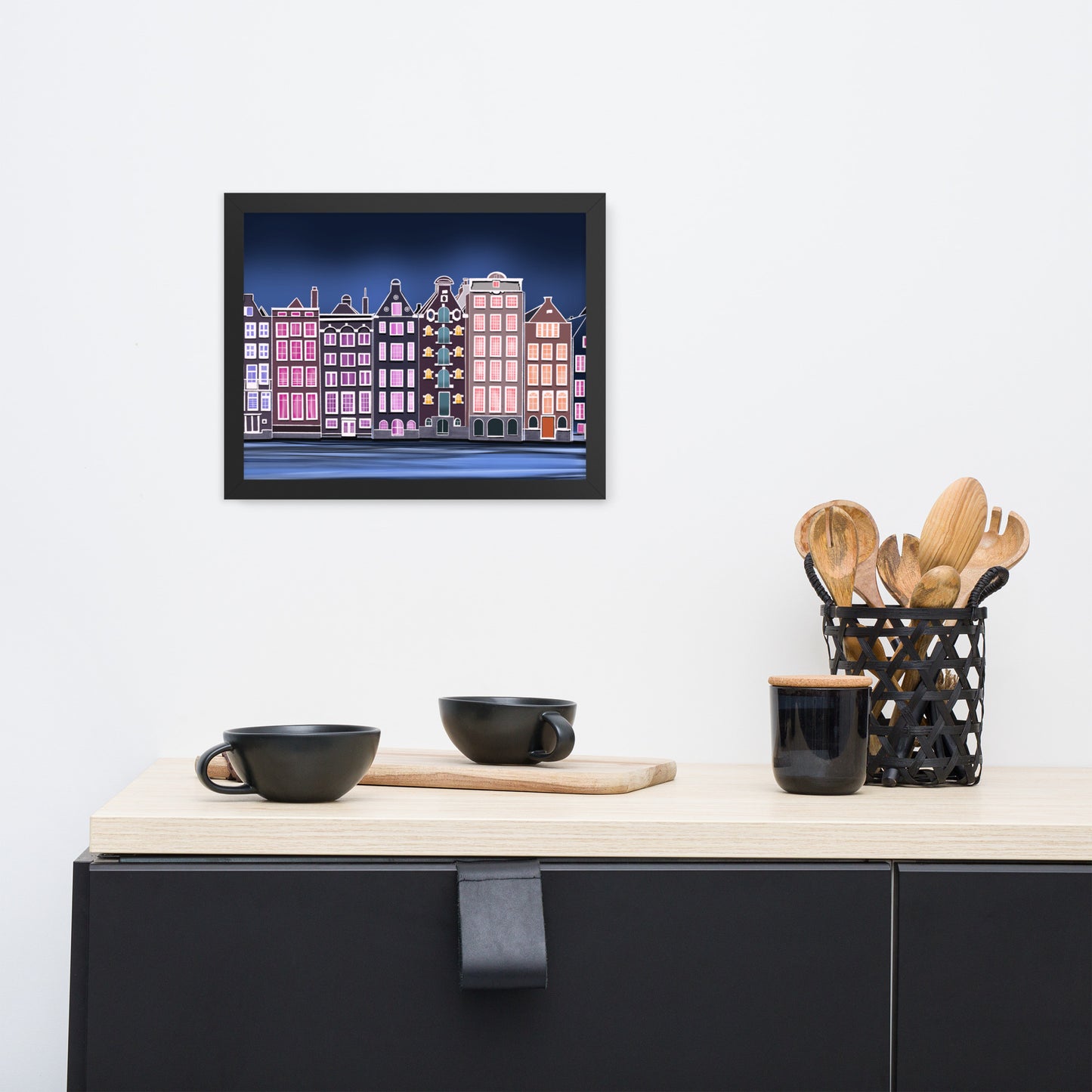 Amsterdam Night Scene - Vibrant Hand-Painted European Architecture Framed Poster