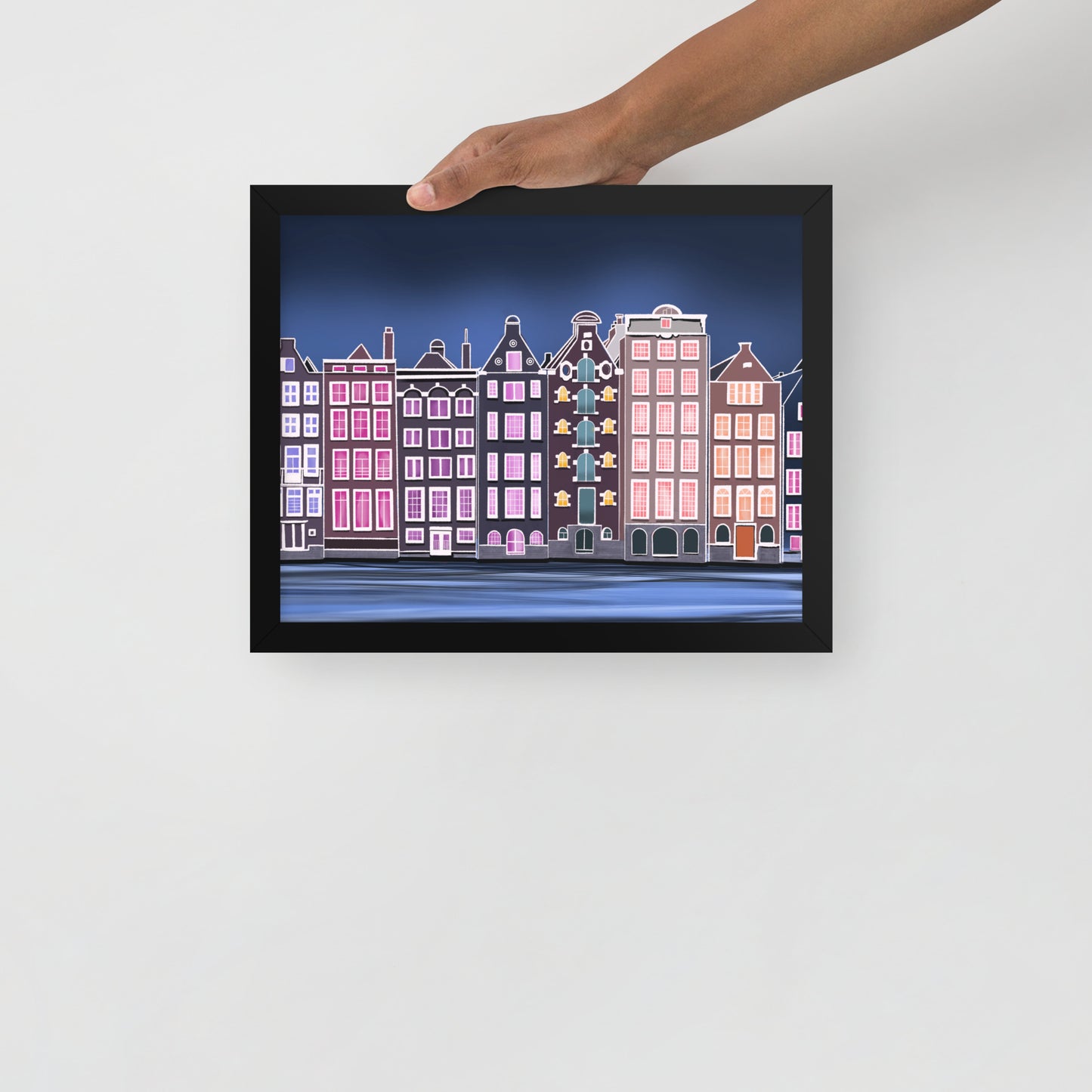 Amsterdam Night Scene - Vibrant Hand-Painted European Architecture Framed Poster