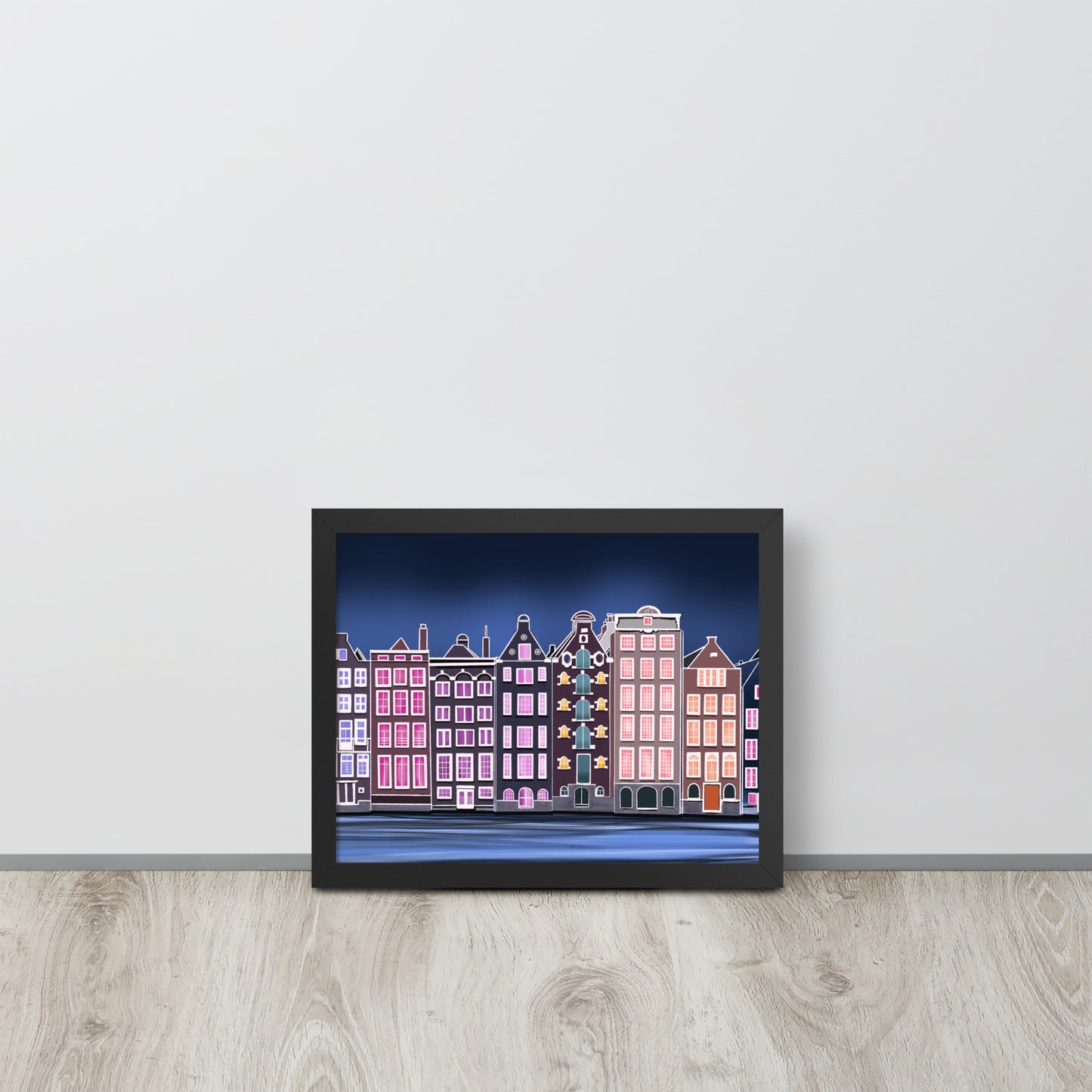 Amsterdam Night Scene - Vibrant Hand-Painted European Architecture Framed Poster