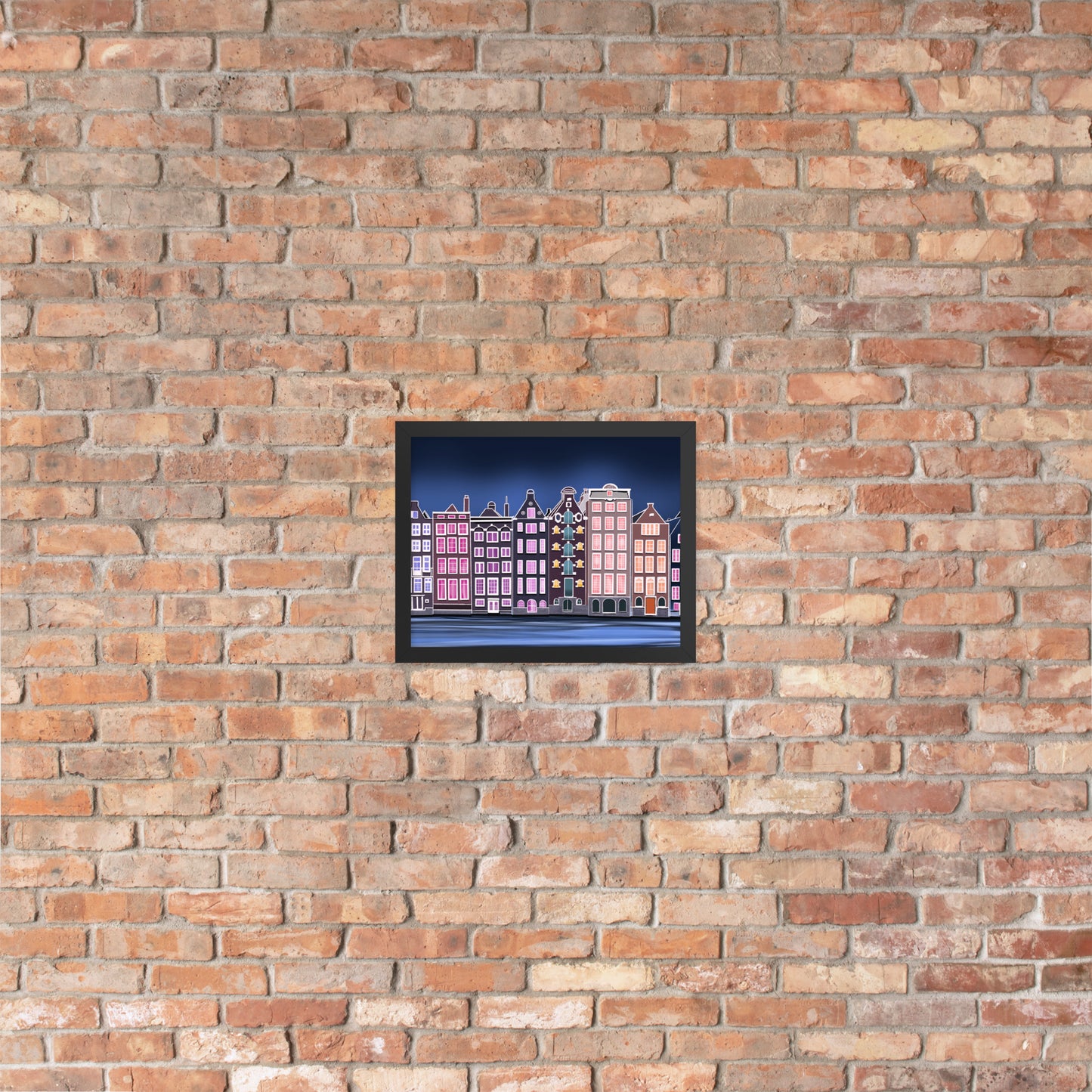 Amsterdam Night Scene - Vibrant Hand-Painted European Architecture Framed Poster