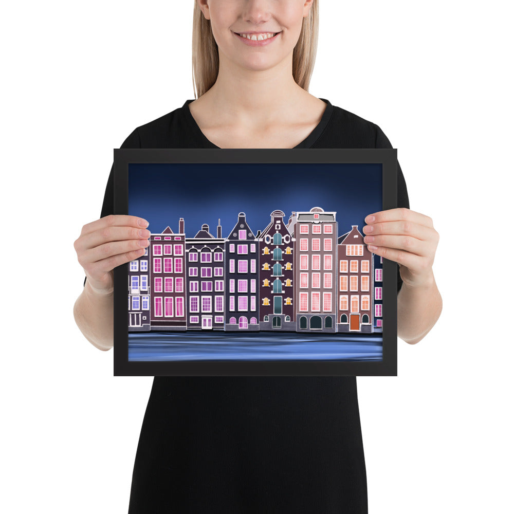 Amsterdam Night Scene - Vibrant Hand-Painted European Architecture Framed Poster
