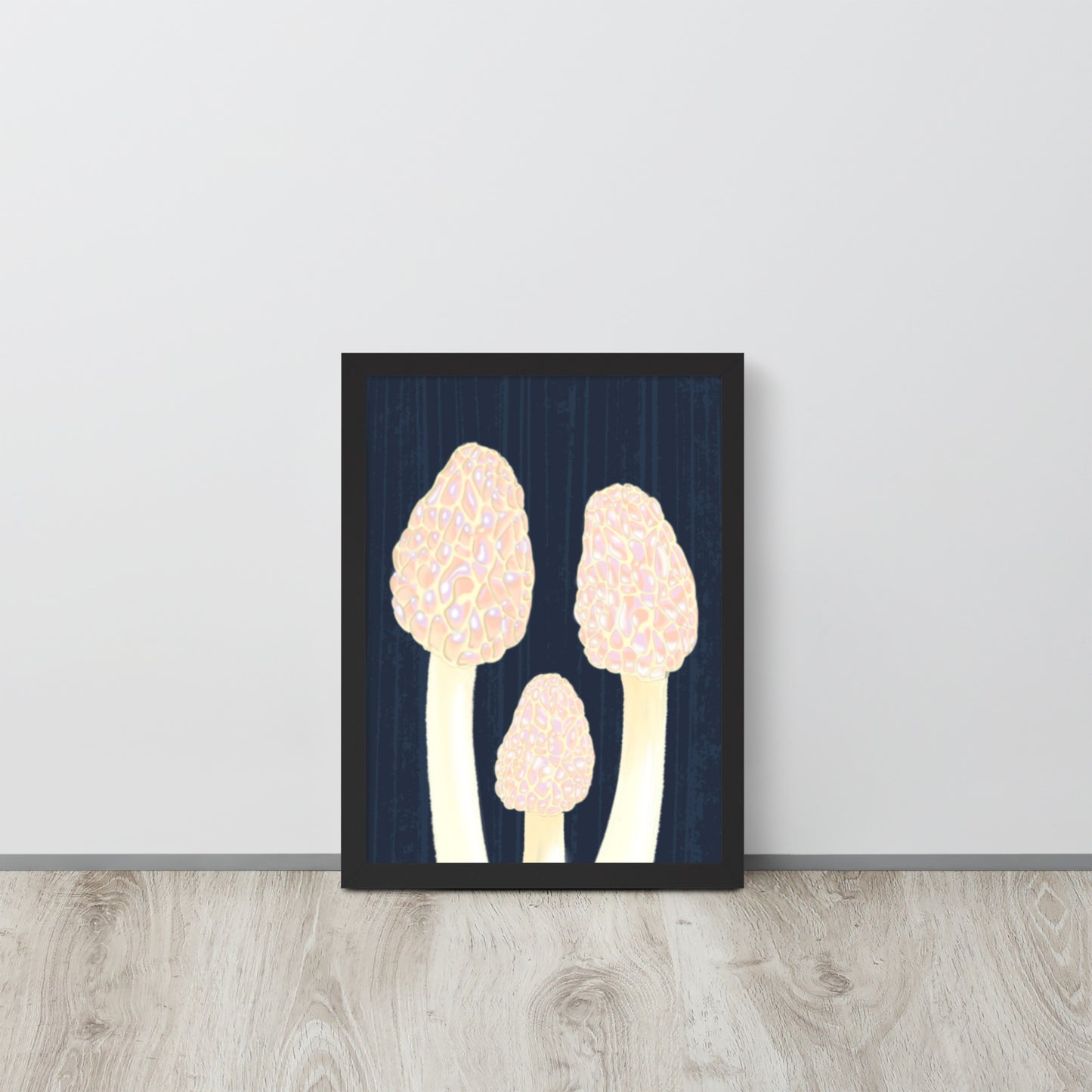 Morel Framed poster - Hand-Painted Morel Mushroom Poster – Pink & Blue Framed Art - Fungi Home Decor