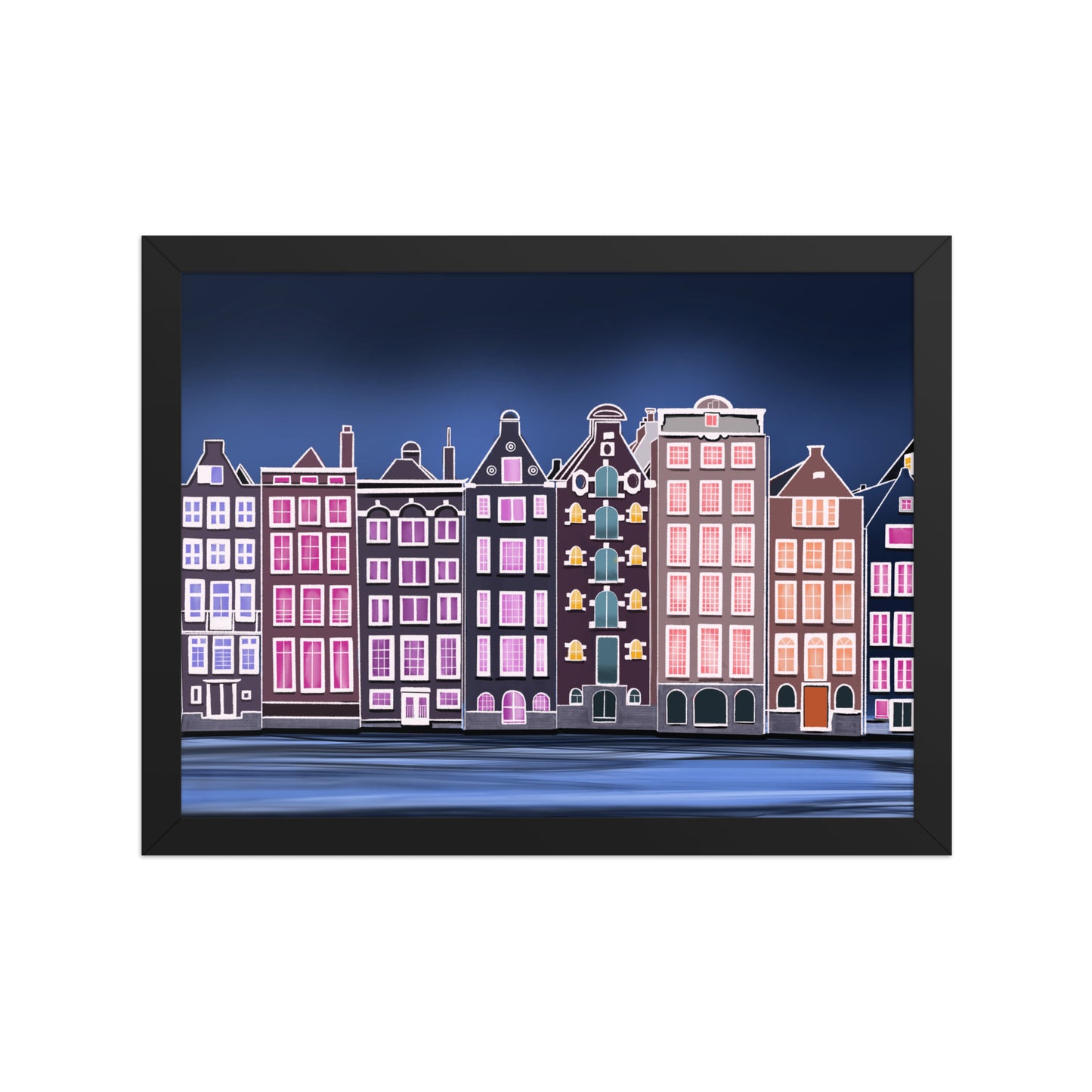 Amsterdam Night Scene - Vibrant Hand-Painted European Architecture Framed Poster