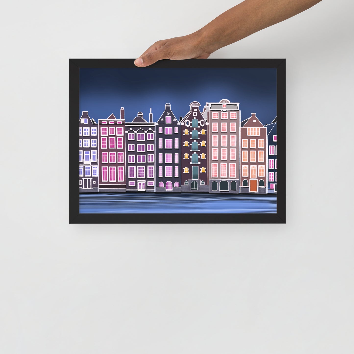 Amsterdam Night Scene - Vibrant Hand-Painted European Architecture Framed Poster