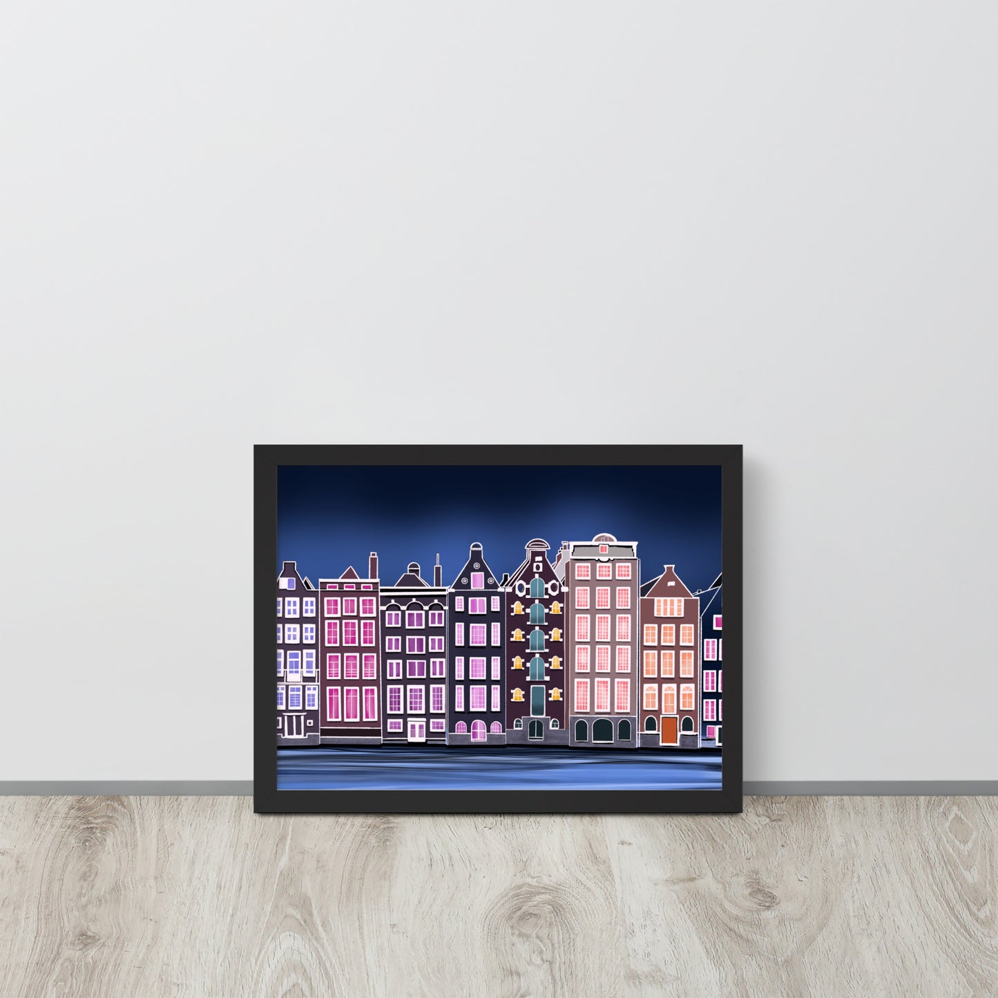 Amsterdam Night Scene - Vibrant Hand-Painted European Architecture Framed Poster