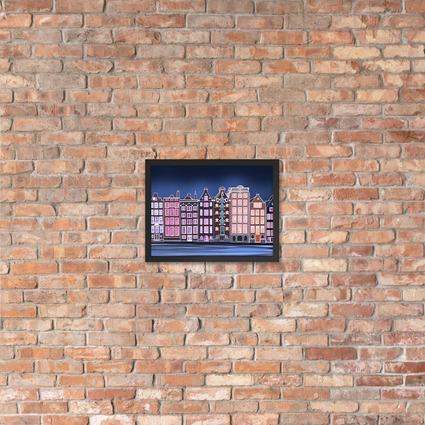 Amsterdam Night Scene - Vibrant Hand-Painted European Architecture Framed Poster