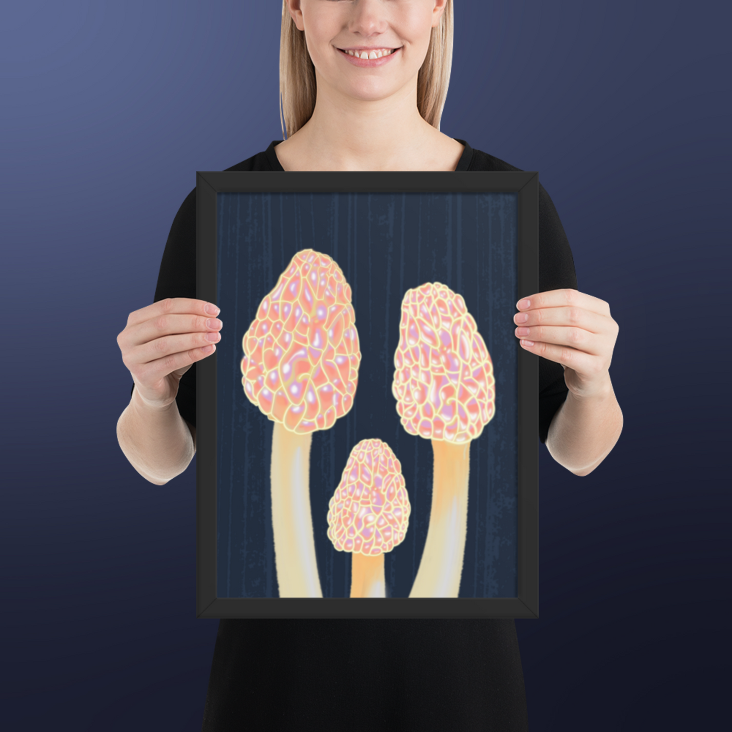 Morel Framed poster - Hand-Painted Morel Mushroom Poster – Pink & Blue Framed Art - Fungi Home Decor