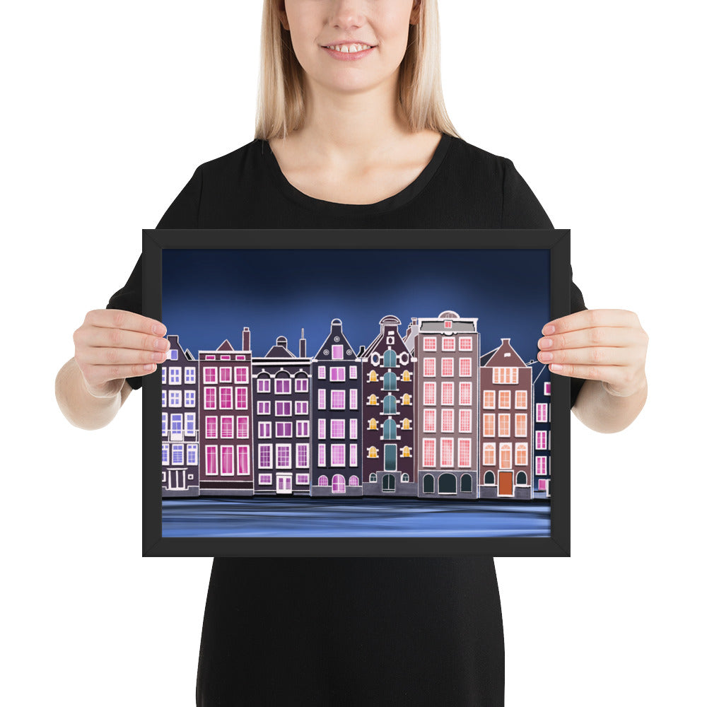 Amsterdam Night Scene - Vibrant Hand-Painted European Architecture Framed Poster